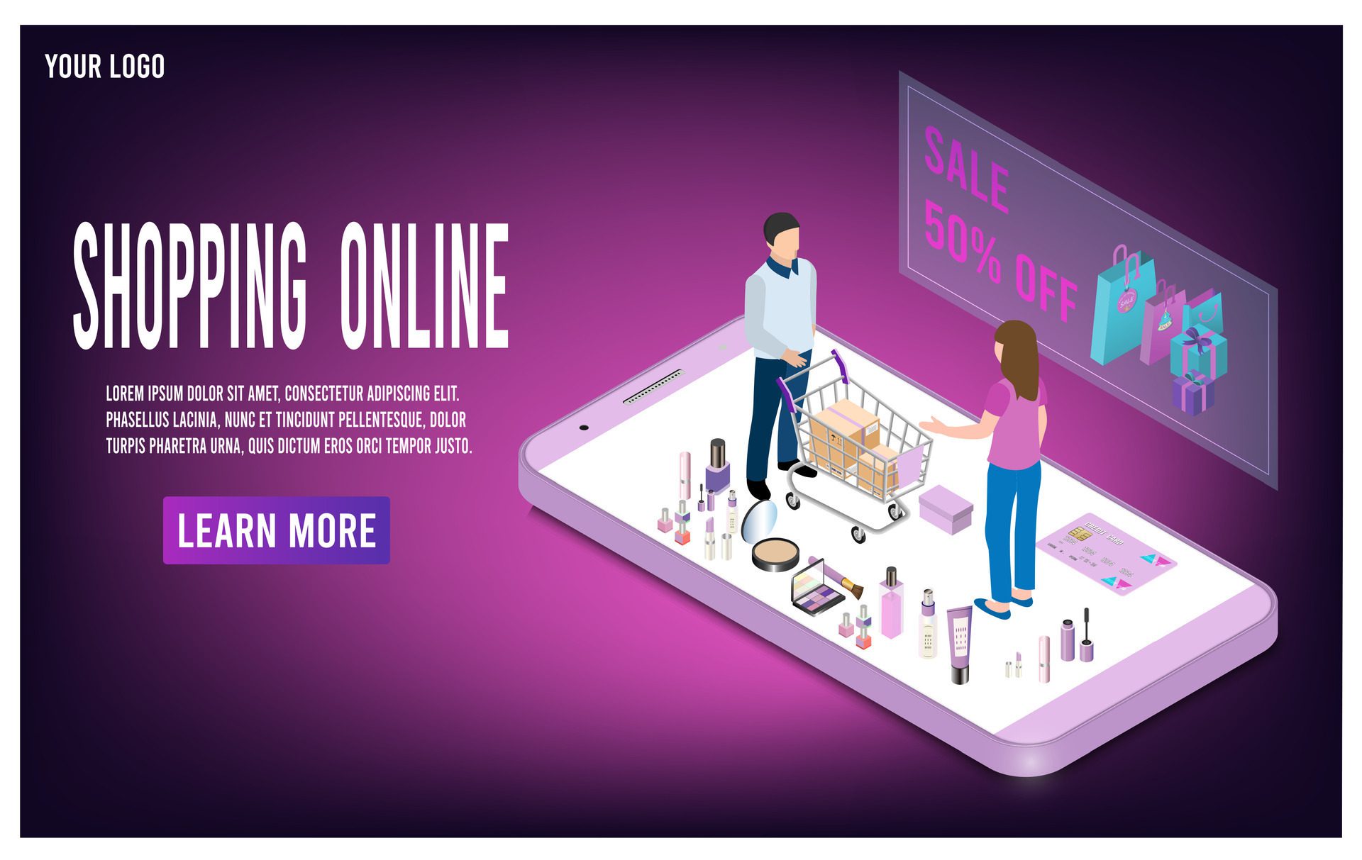 Shopping online concept for website, Sale banner, Promotion, mobile application, web banner, info graphics or discount coupons. Free Vector