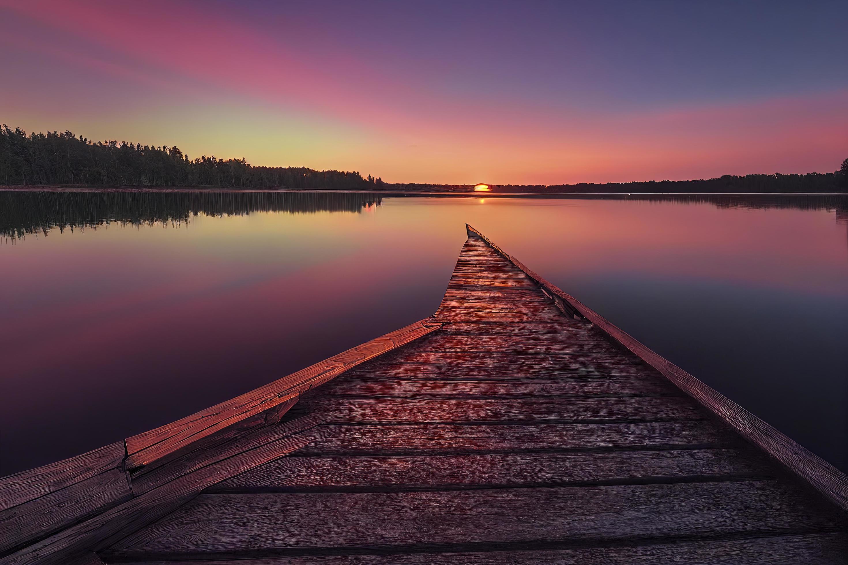 colorfull wooden pier on a lake that is totally calm during sunset Stock Free