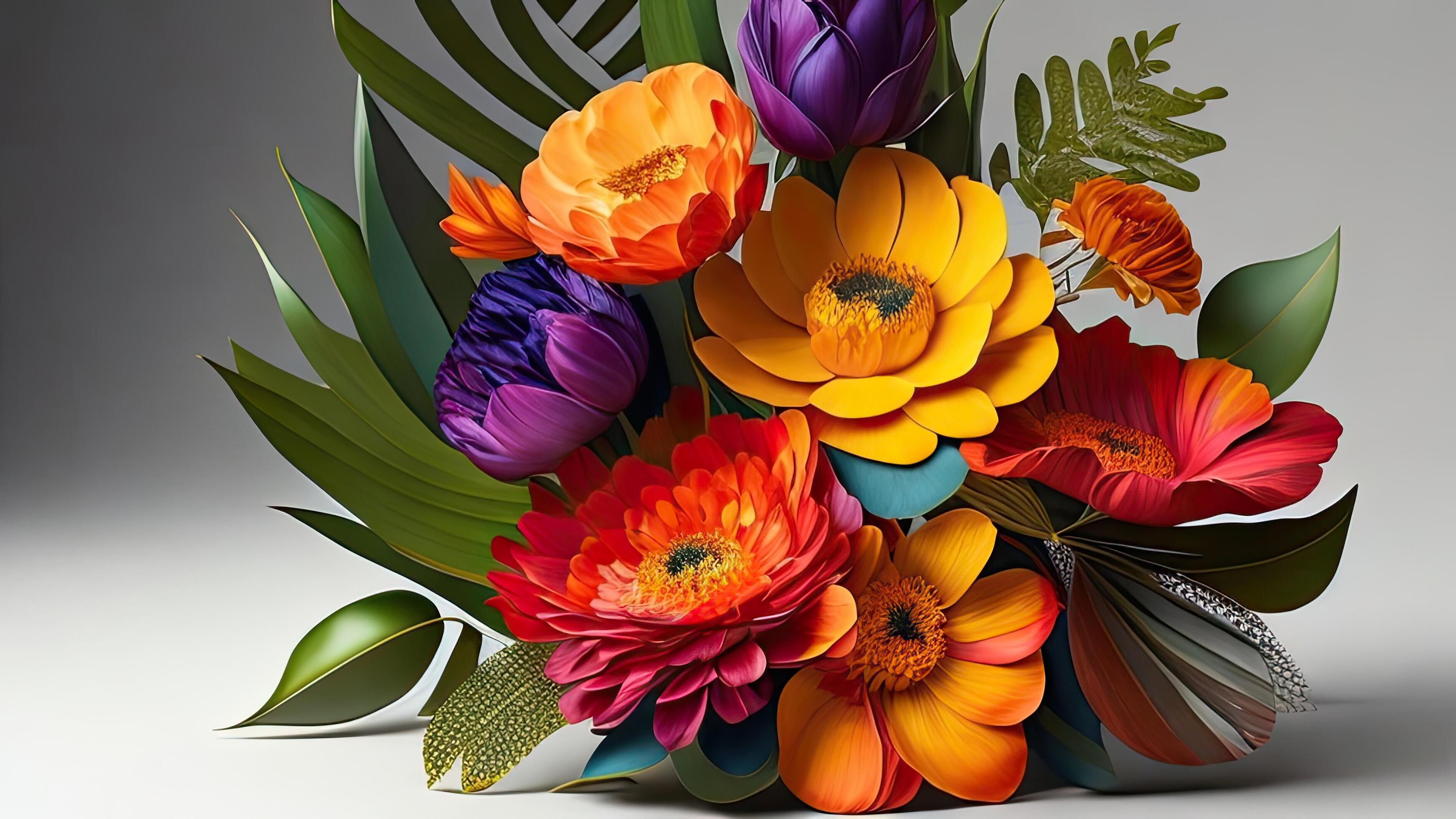 3d illustration of colorful flowers made of paper on gray background. Stock Free