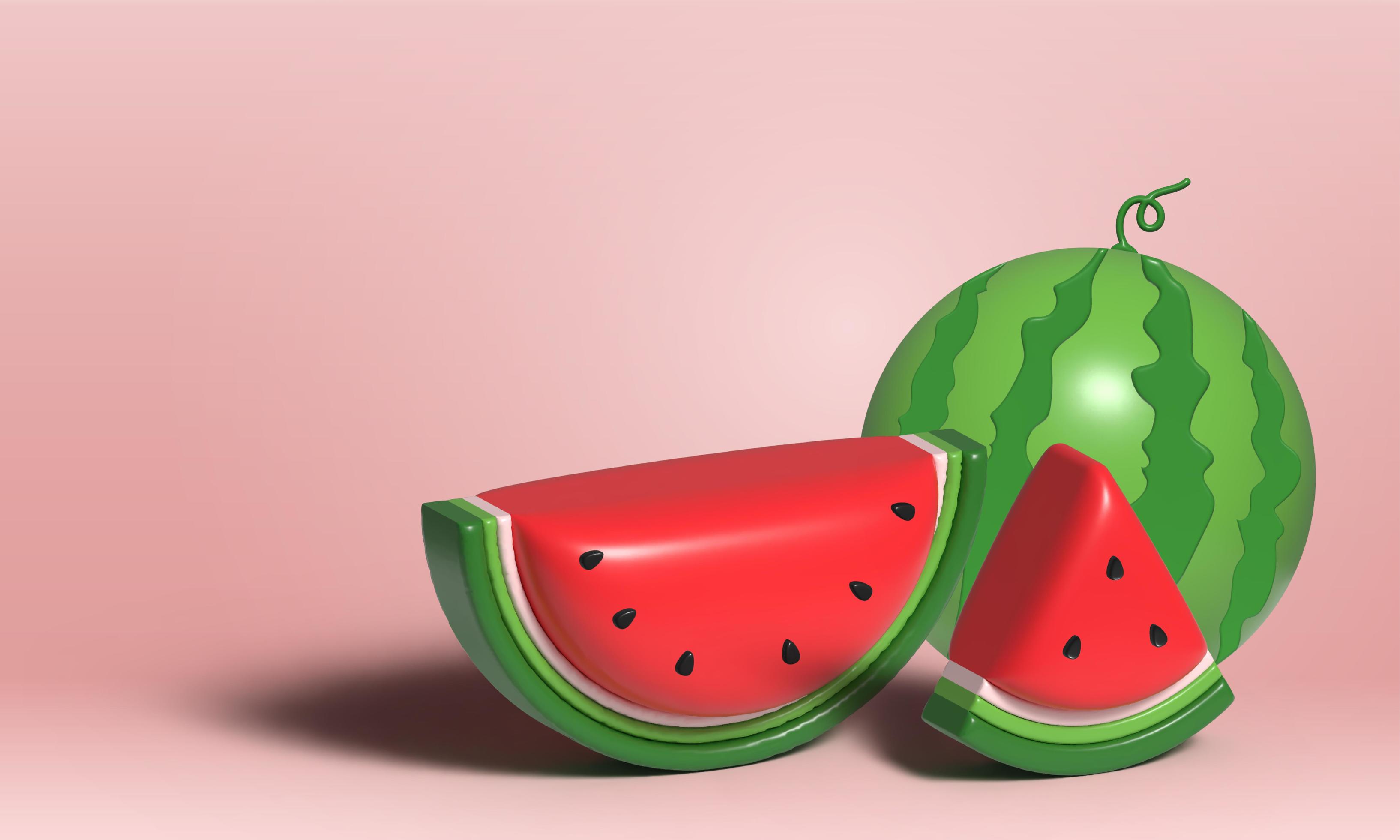 3D Watermelon and juicy slices banner, 3D illustration of watermelon juice, Fresh and juicy fruit concept of summer food. Stock Free