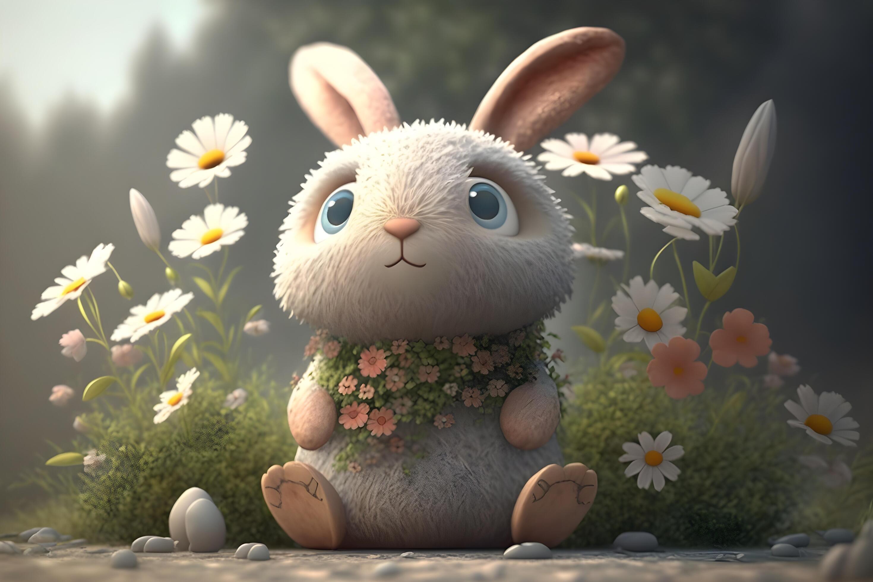 Animated bunny with flowers around created by technology Stock Free