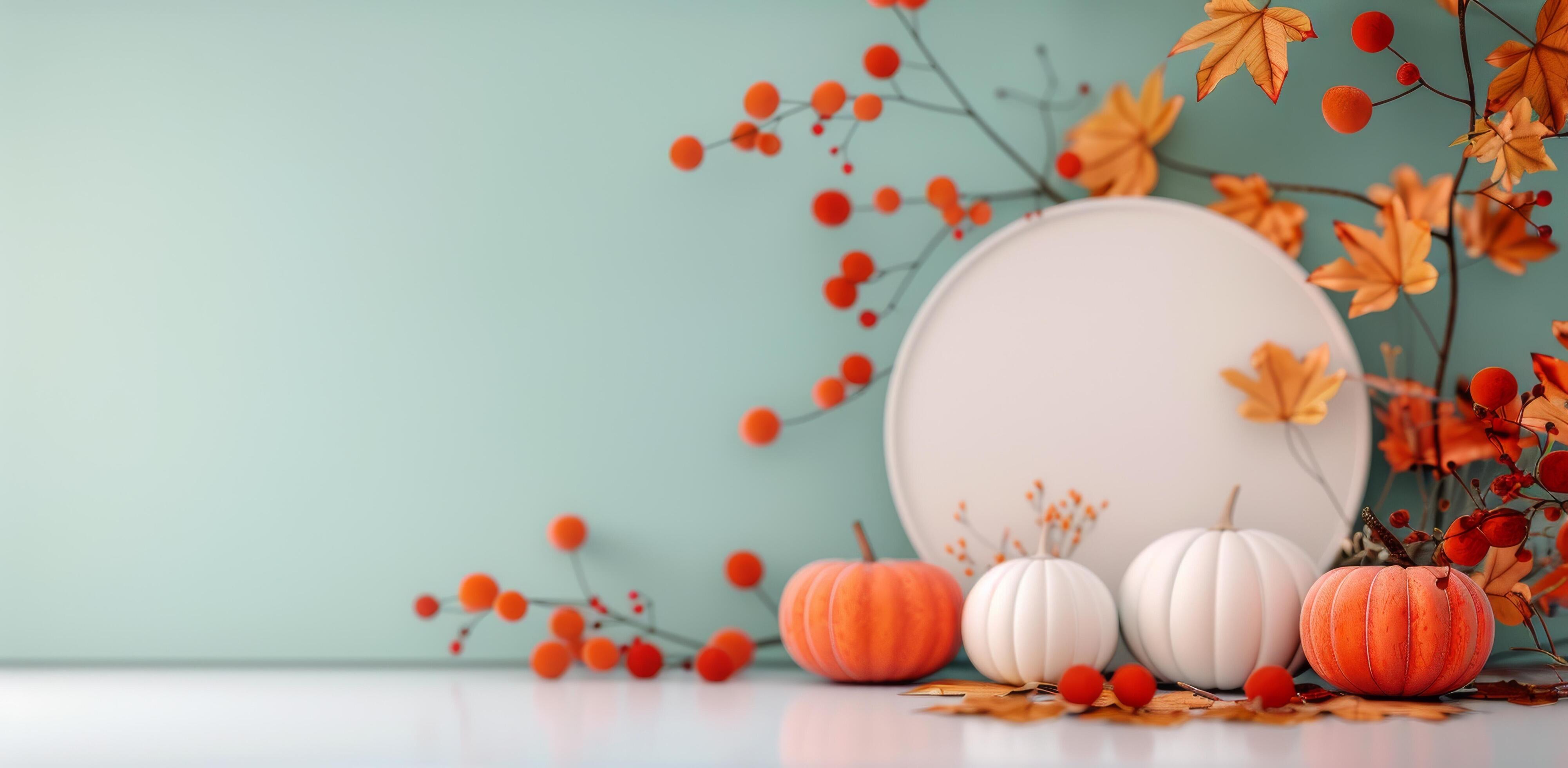 Autumn Decor Featuring Pumpkins and Colorful Foliage on a Light Background Stock Free