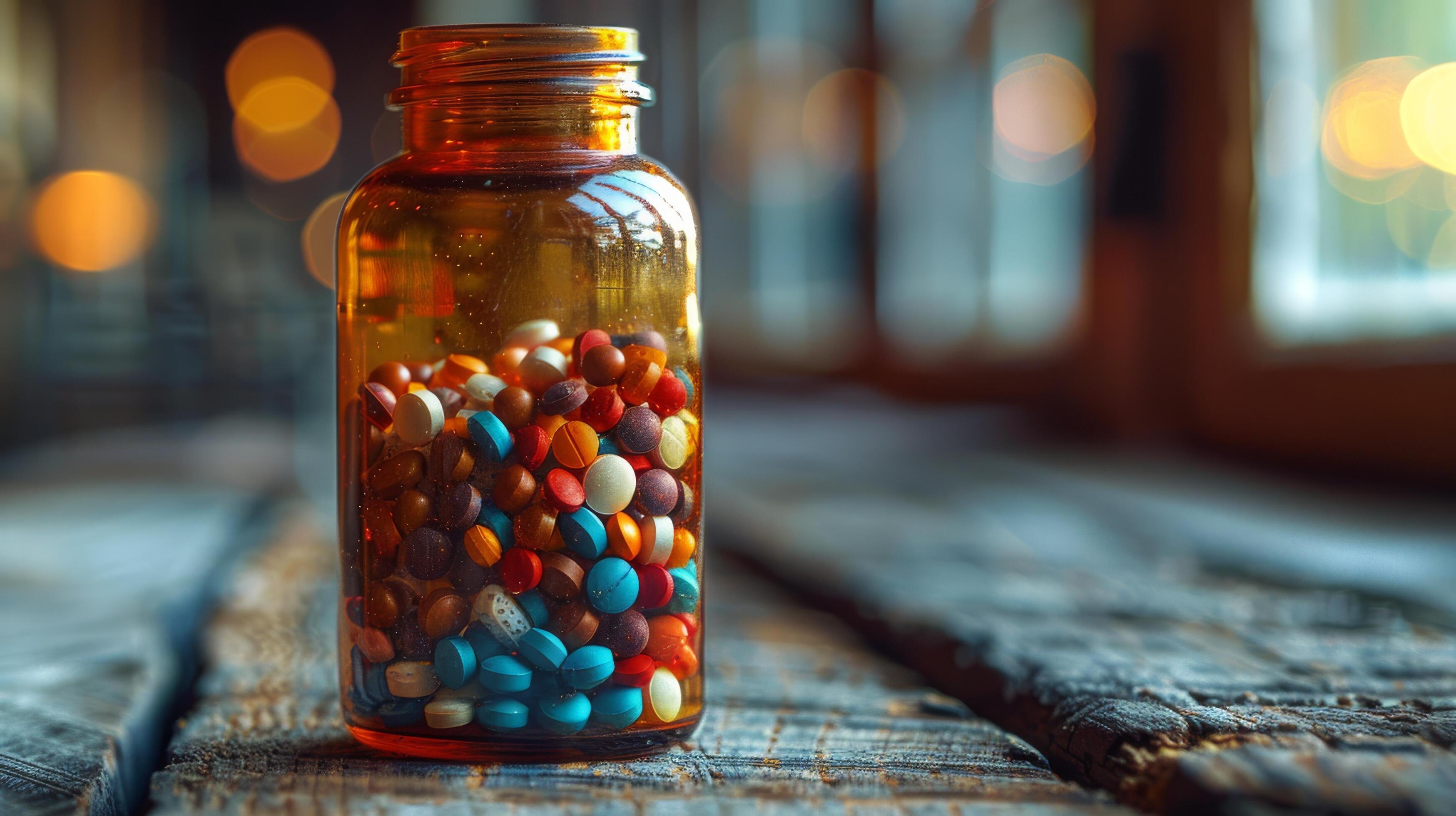 Glass Jar Filled With Multicolored Pills on a Wooden Table in Sunlight Stock Free