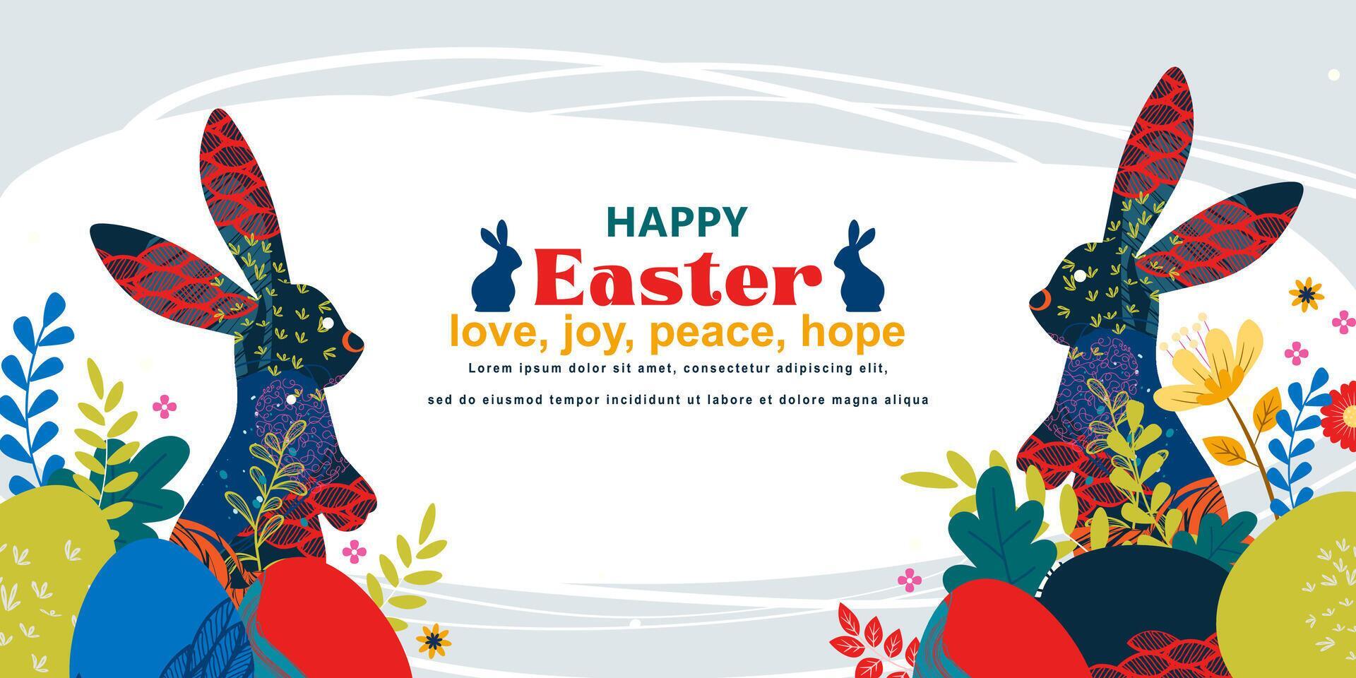 Happy Easter banner with frame made of eggs bunnies and spring flowers in flat style Stock Free