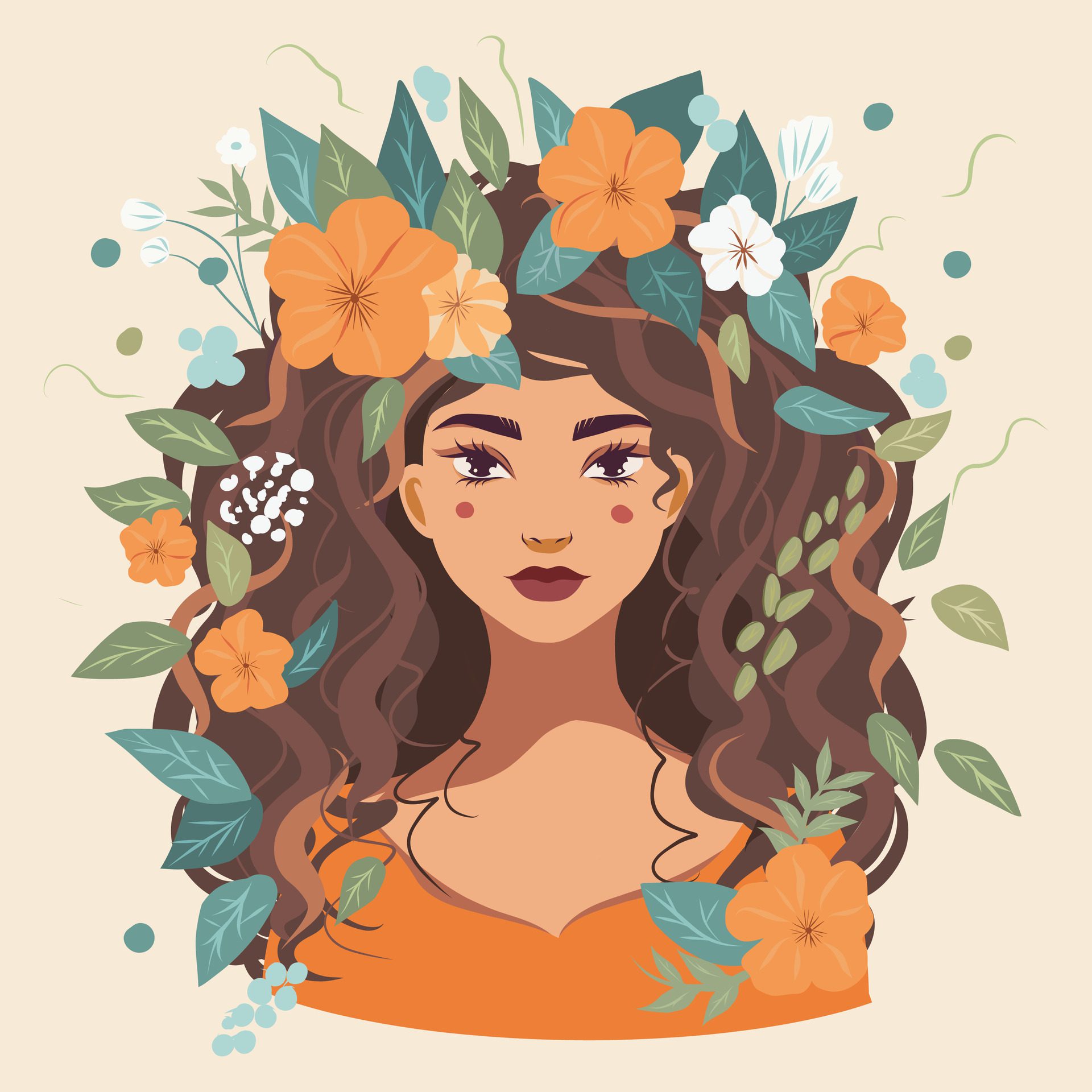 Portrait of a very beautiful woman beautiful girl woman. Flowers in your hair. Hairstyle. Postcard poster banner women’s day. Free Vector