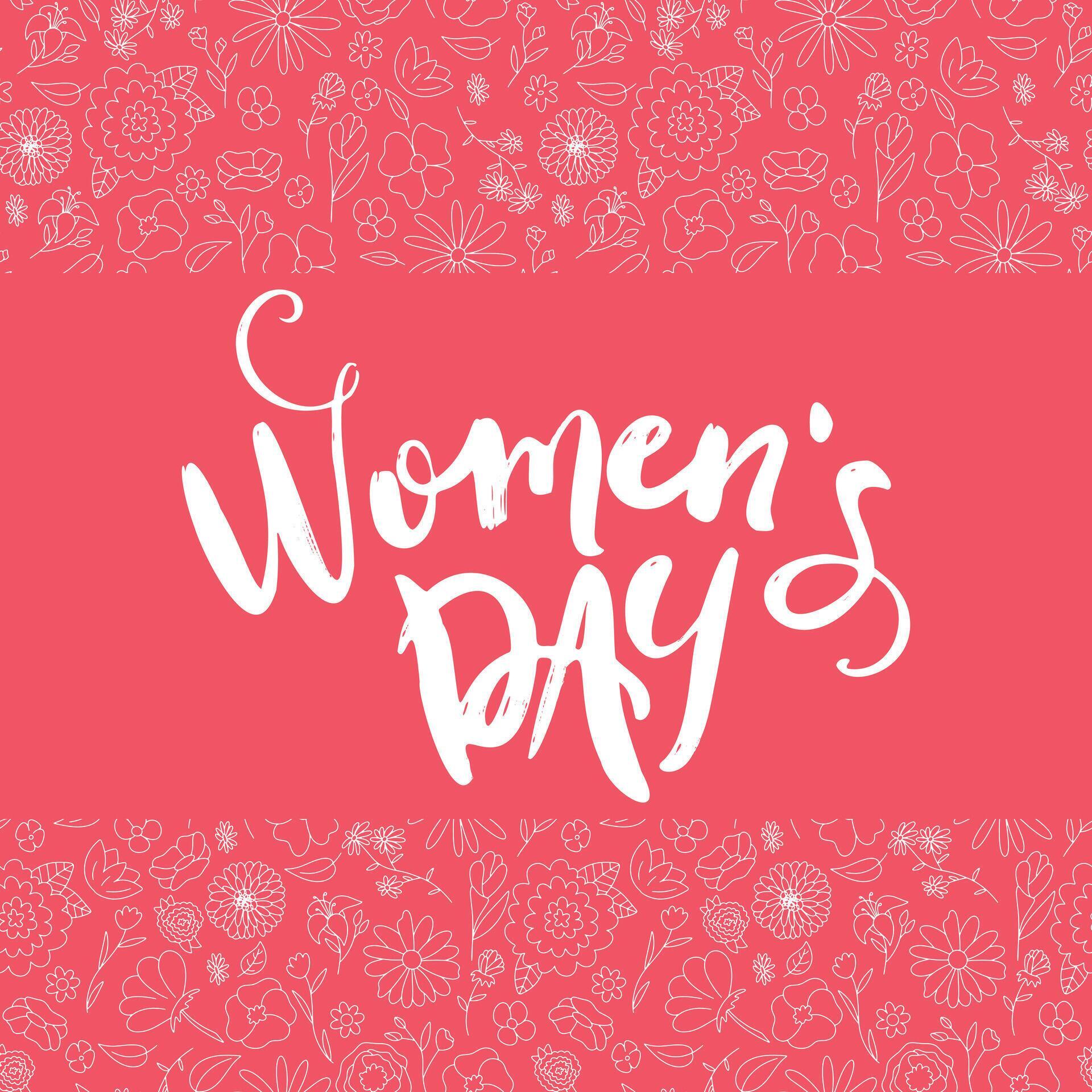 Happy womens Day lettering on pink background. Handmade calligraphy vector illustration. women’s day card with flowers Stock Free