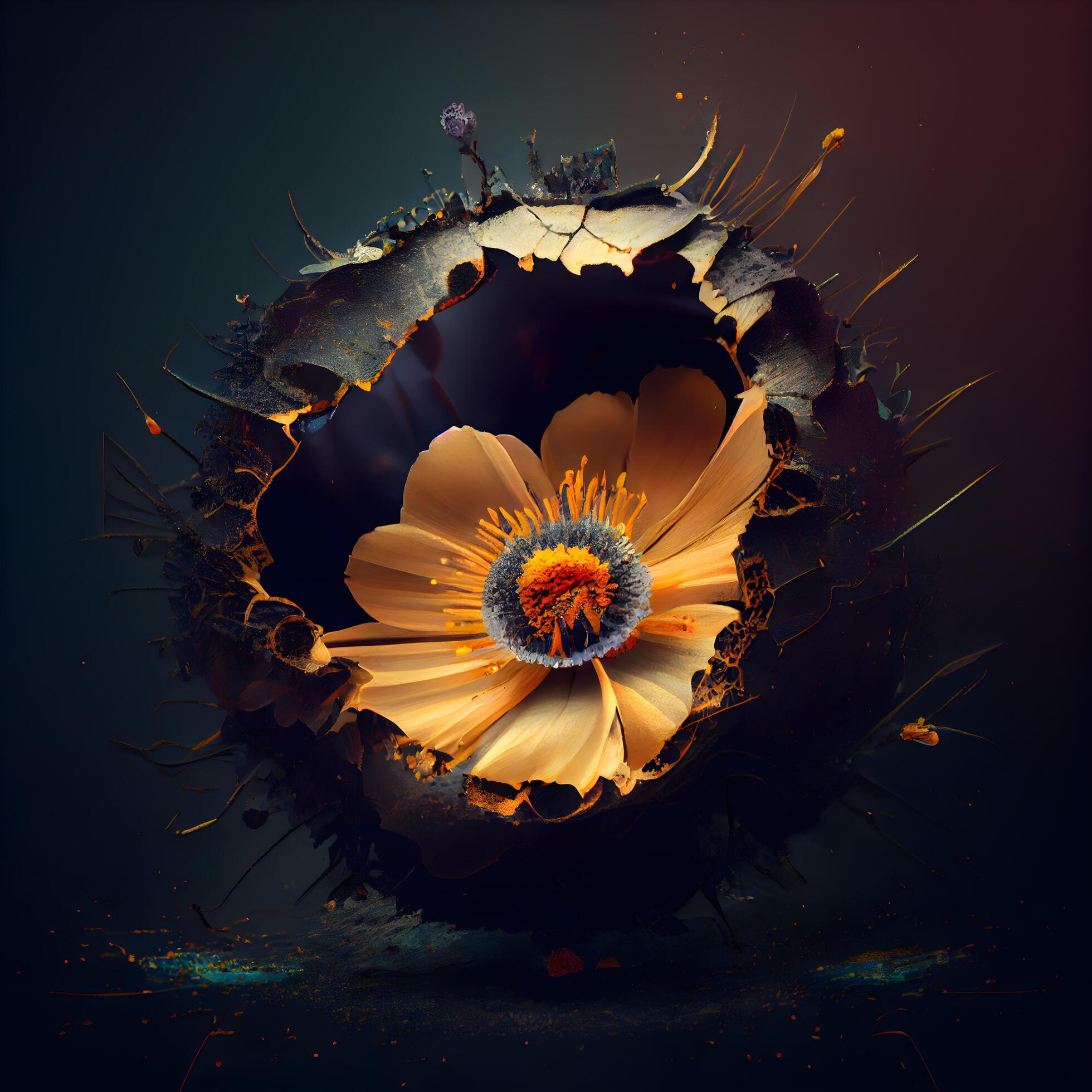 abstract background with a flower in a hole in the black wall, Image Stock Free