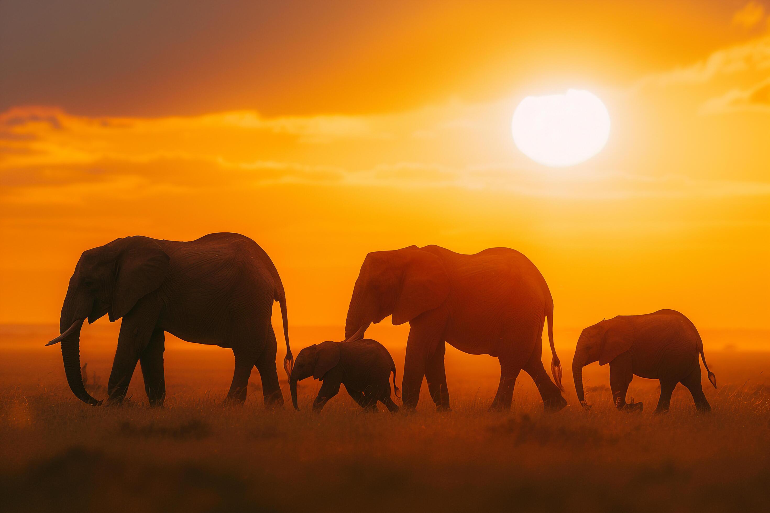 A family of elephants roaming the savanna at sunset. Nature. Background Stock Free