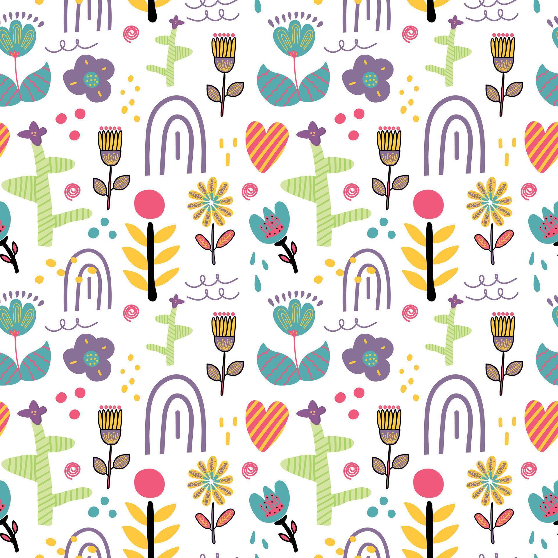 Seamless vector floral pattern with branch, heart, flowers, rainbow and leaves. Stock Free