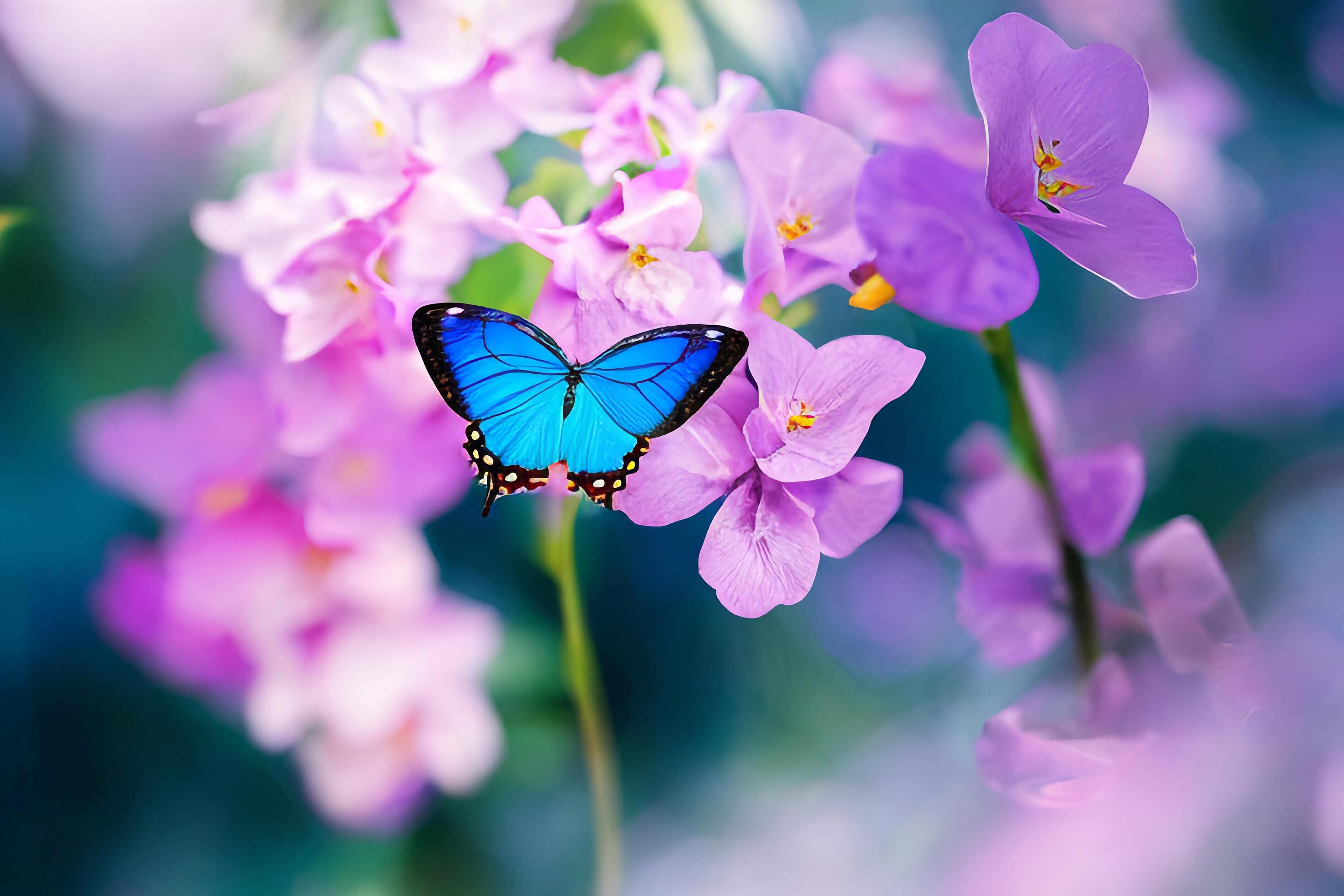 The butterfly is collecting nectar from the violet flowers with . Stock Free