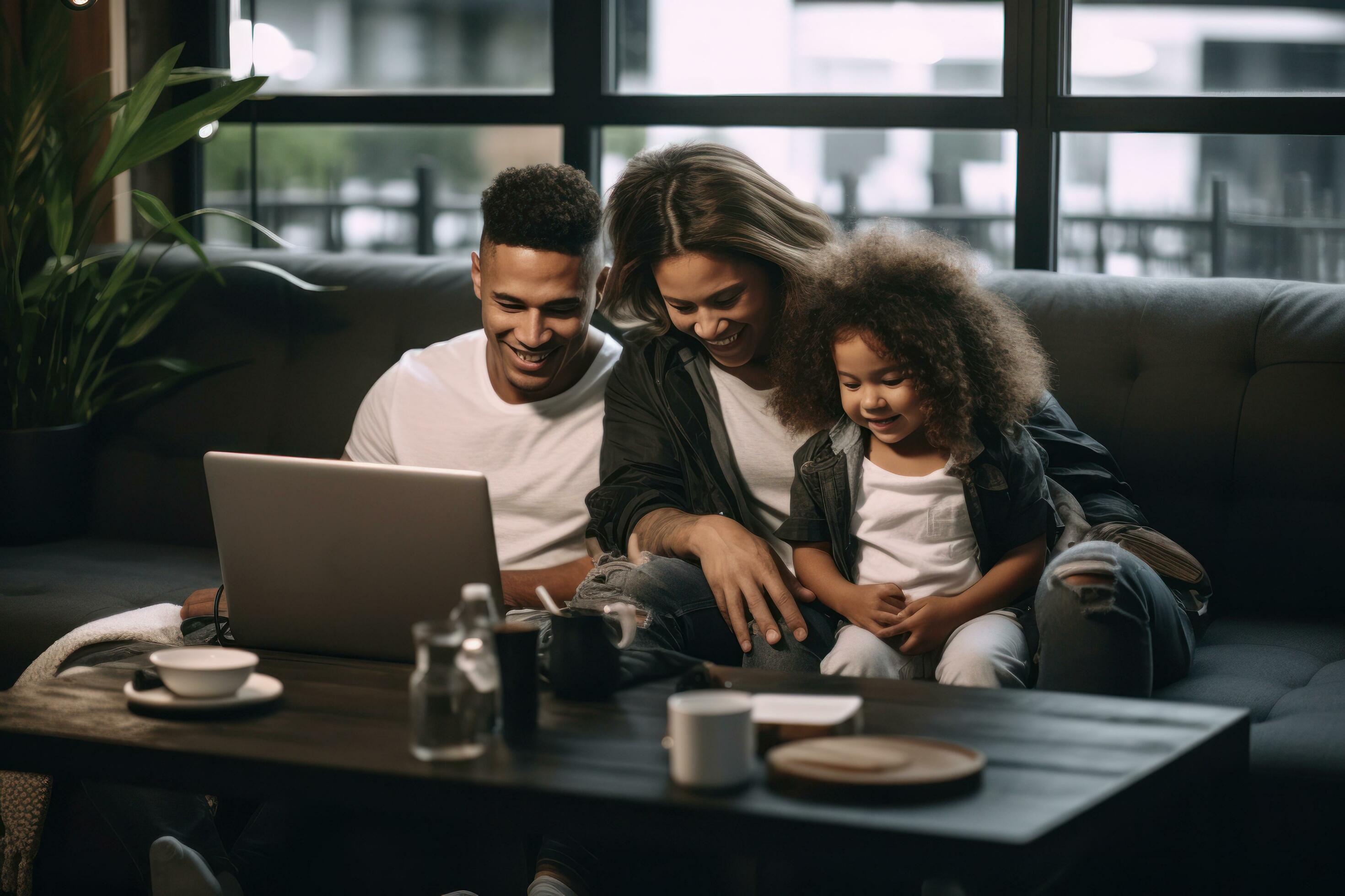 Family is looking at a laptop while sitting on a sofa Stock Free