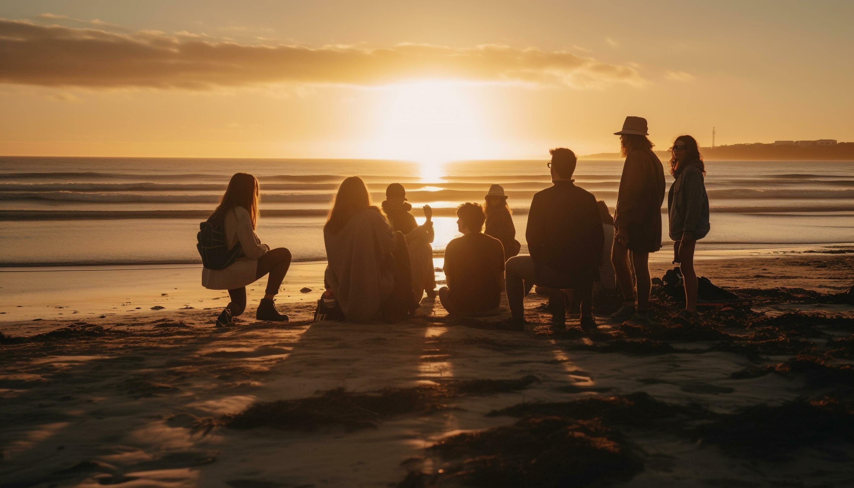 Family bonding on the beach at dusk generated by AI Stock Free