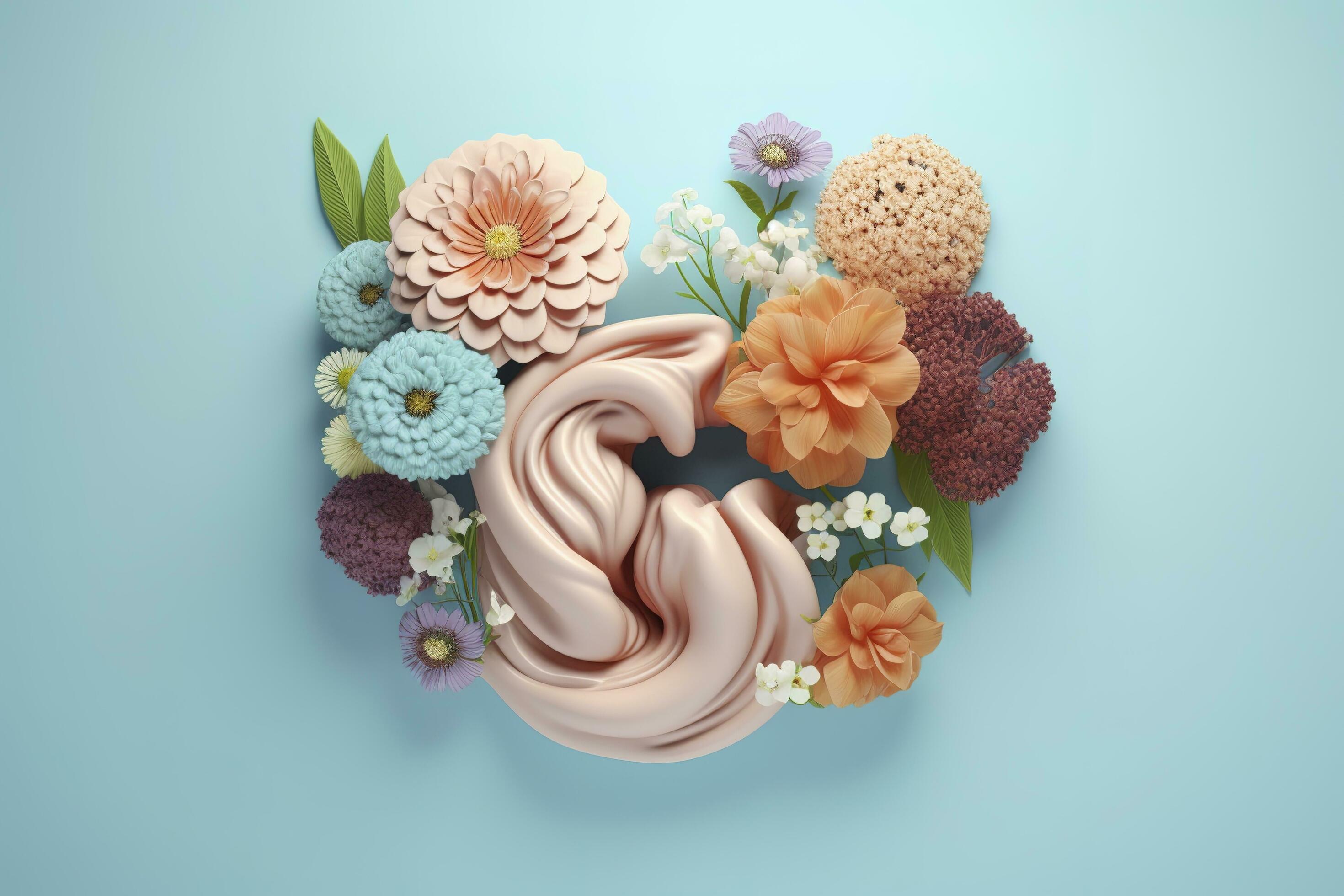 Human Stomach with flowers, pastel colors, on blue background, 3d render and illustration, generate ai Stock Free