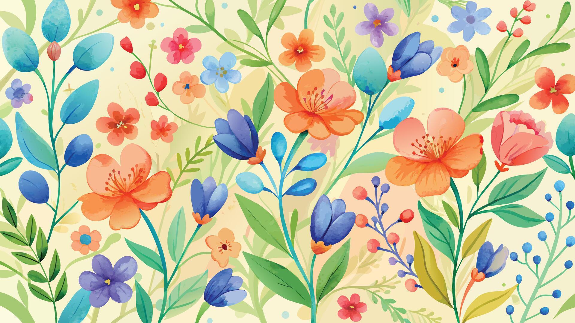 watercolor Seamless pattern with colorful flowers and leaves. Vector Stock Free