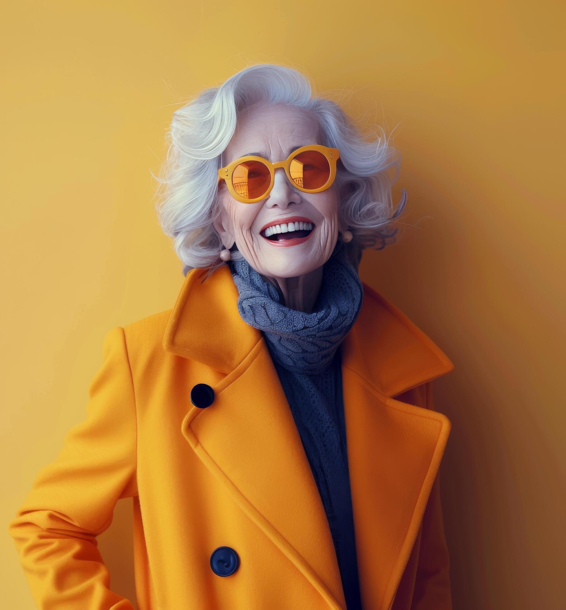 Smiling Senior Woman In Yellow Coat And Sunglasses Against Yellow Background Stock Free