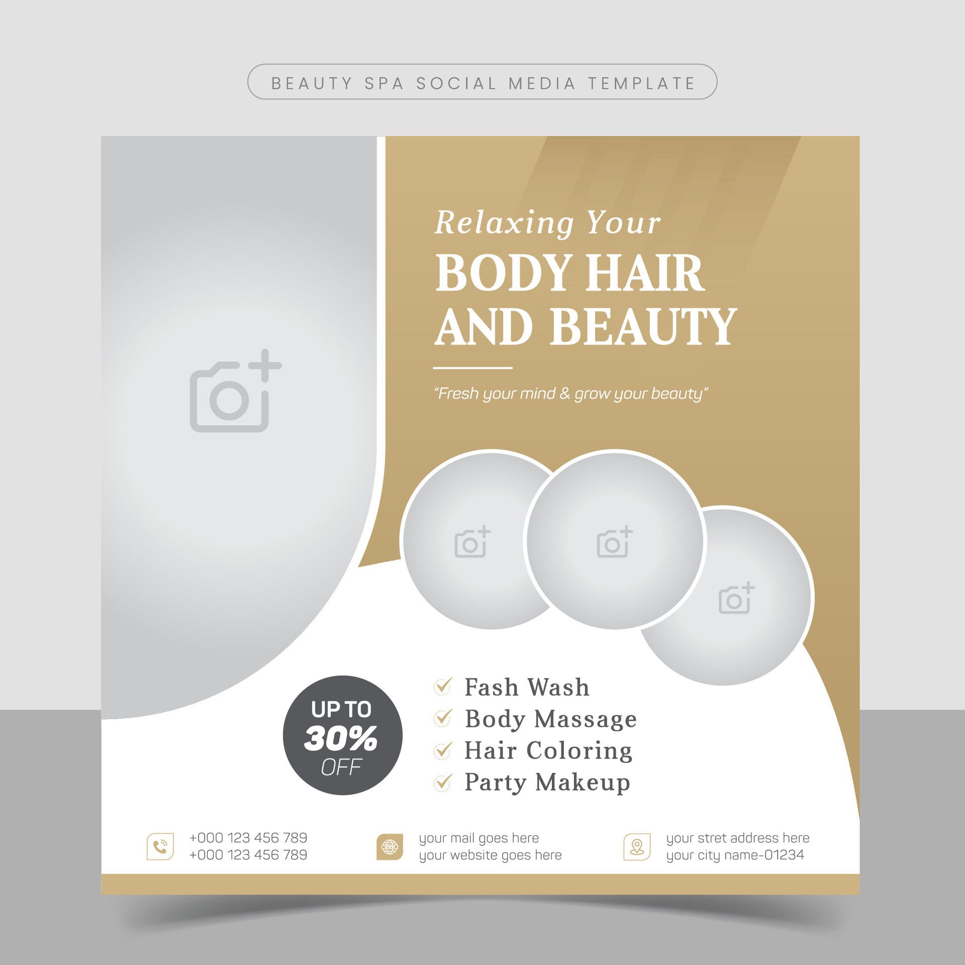 Relaxing body spa treatment social media banner post template. square beauty center makeup social media post design template. Free Vector