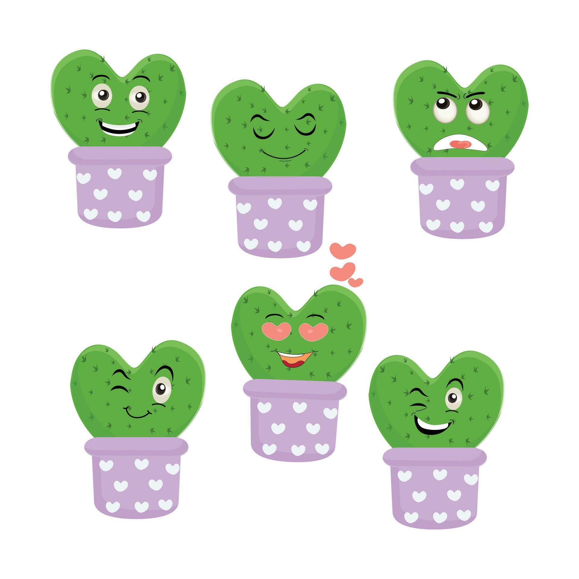 Cartoon cute cactus mascot, Potted cactus characters sett, funny cacti in flower pot with different emotions vector Illustrations on a white background Stock Free