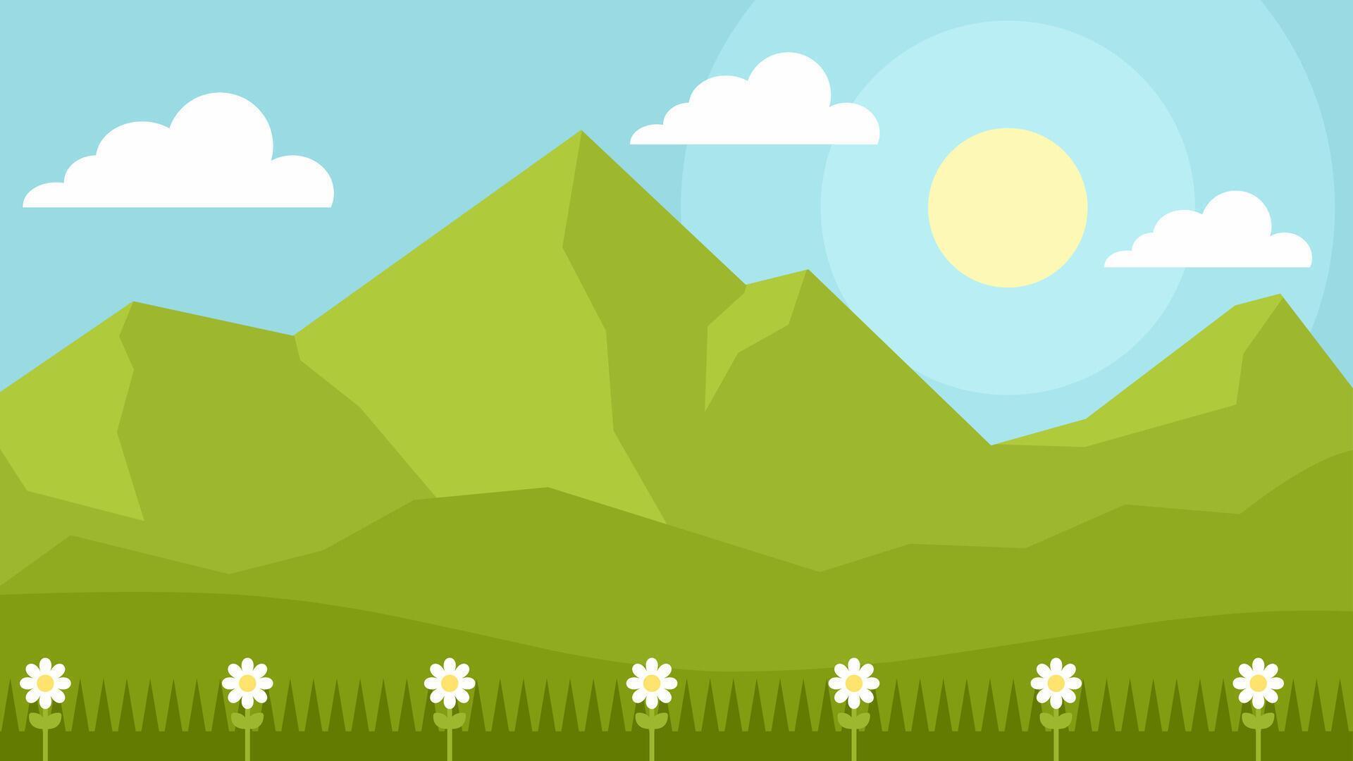 Flat landscape illustration of green mountain with flower in sunny day Stock Free