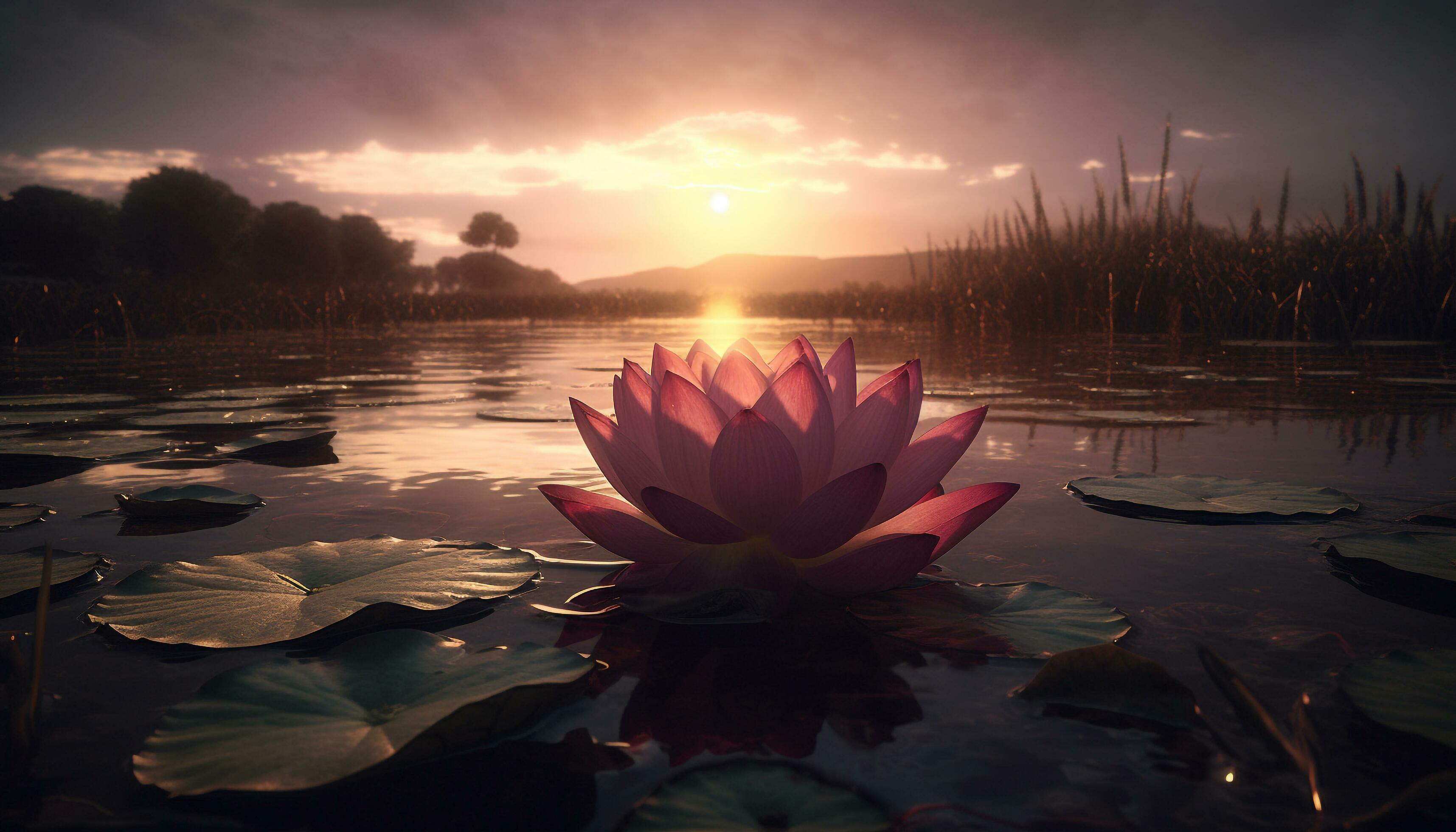 Lotus flower head reflects pink sky at dusk generated by AI Stock Free