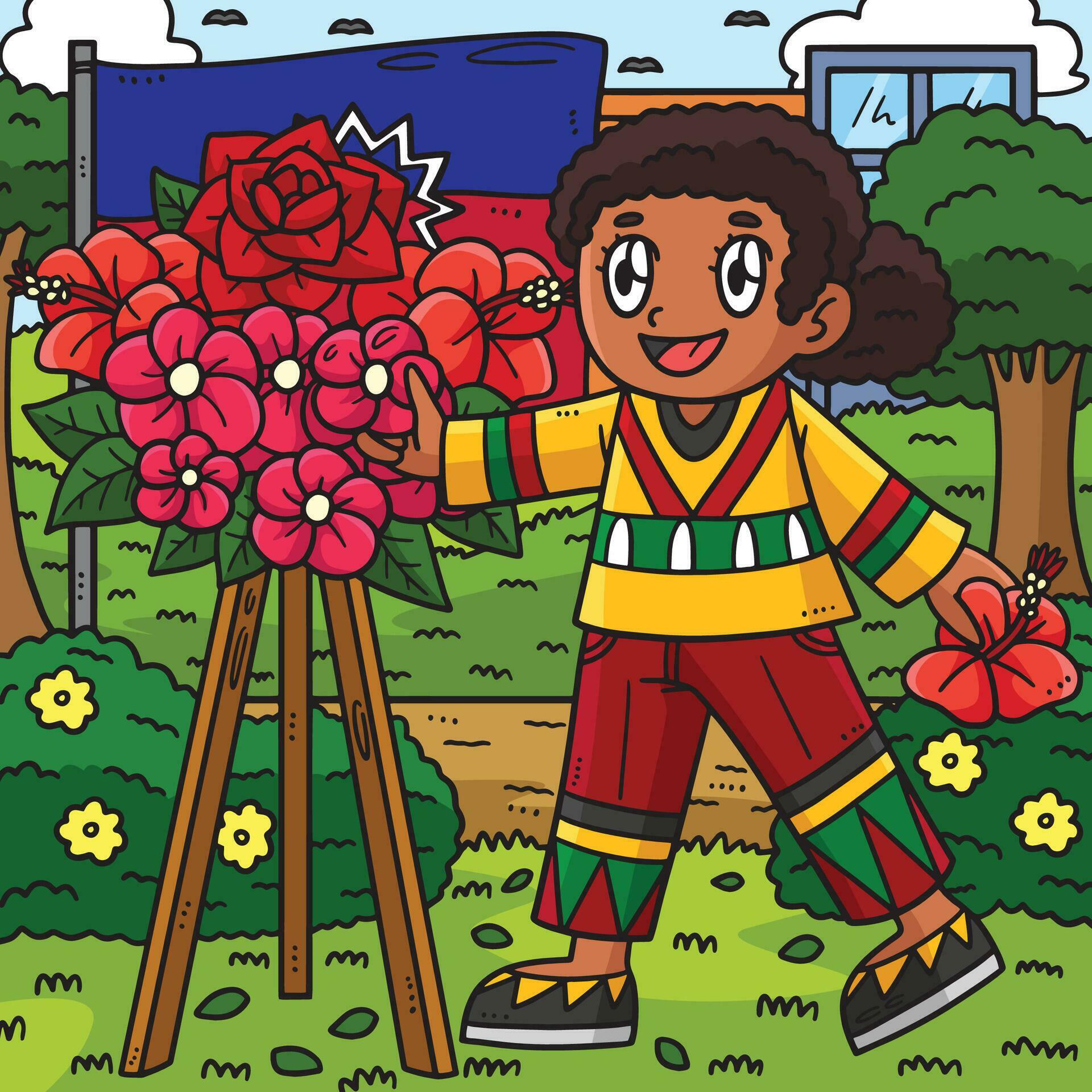 Juneteenth Girl Arranging Flowers Colored Cartoon Stock Free