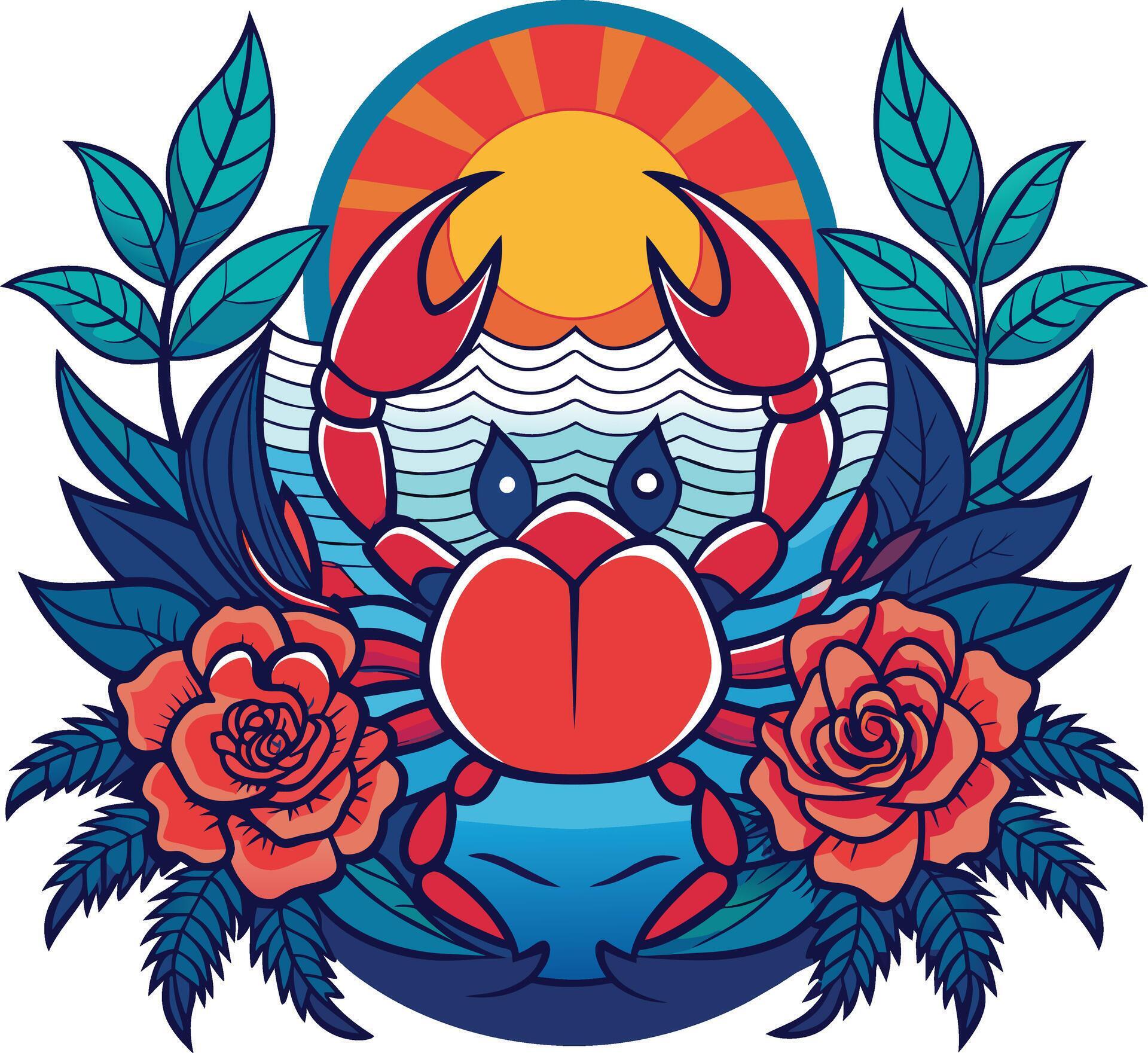 Cute crab with flowers. Vector illustration in doodle style. Stock Free