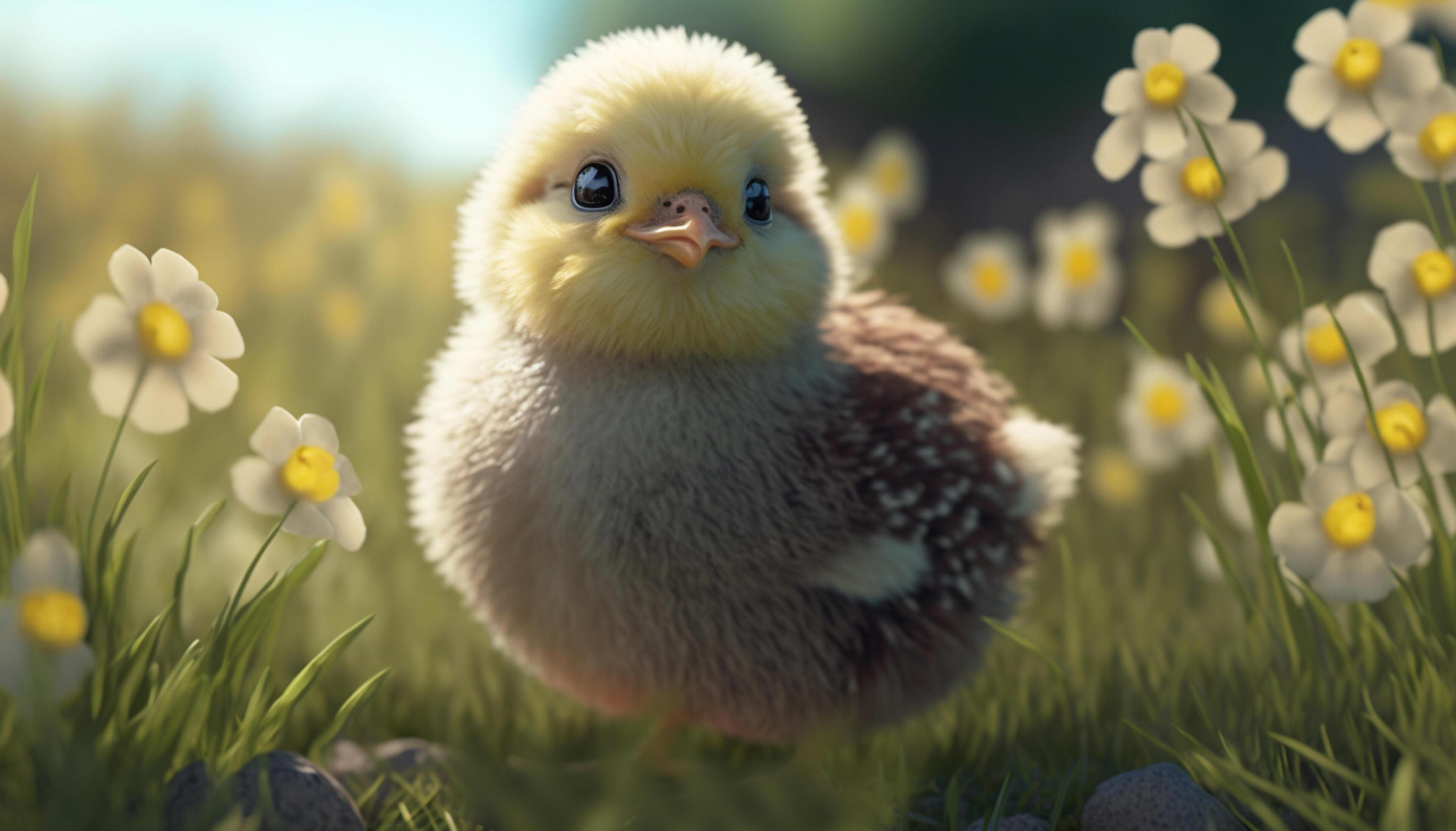 Adorable Young Chick on a Spring Flower Field Stock Free