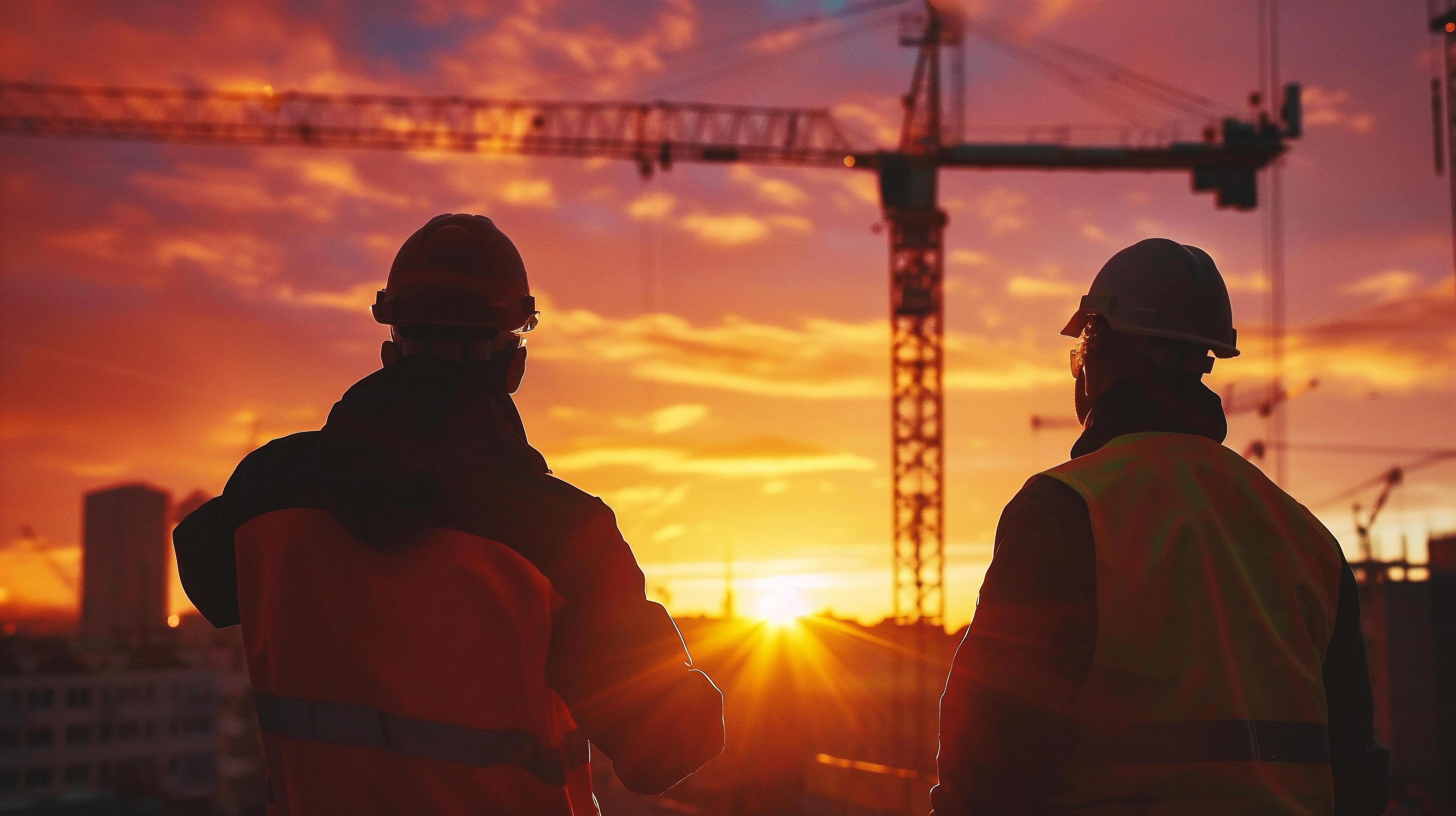 silhouette of engineer and construction worker on the background of building Stock Free