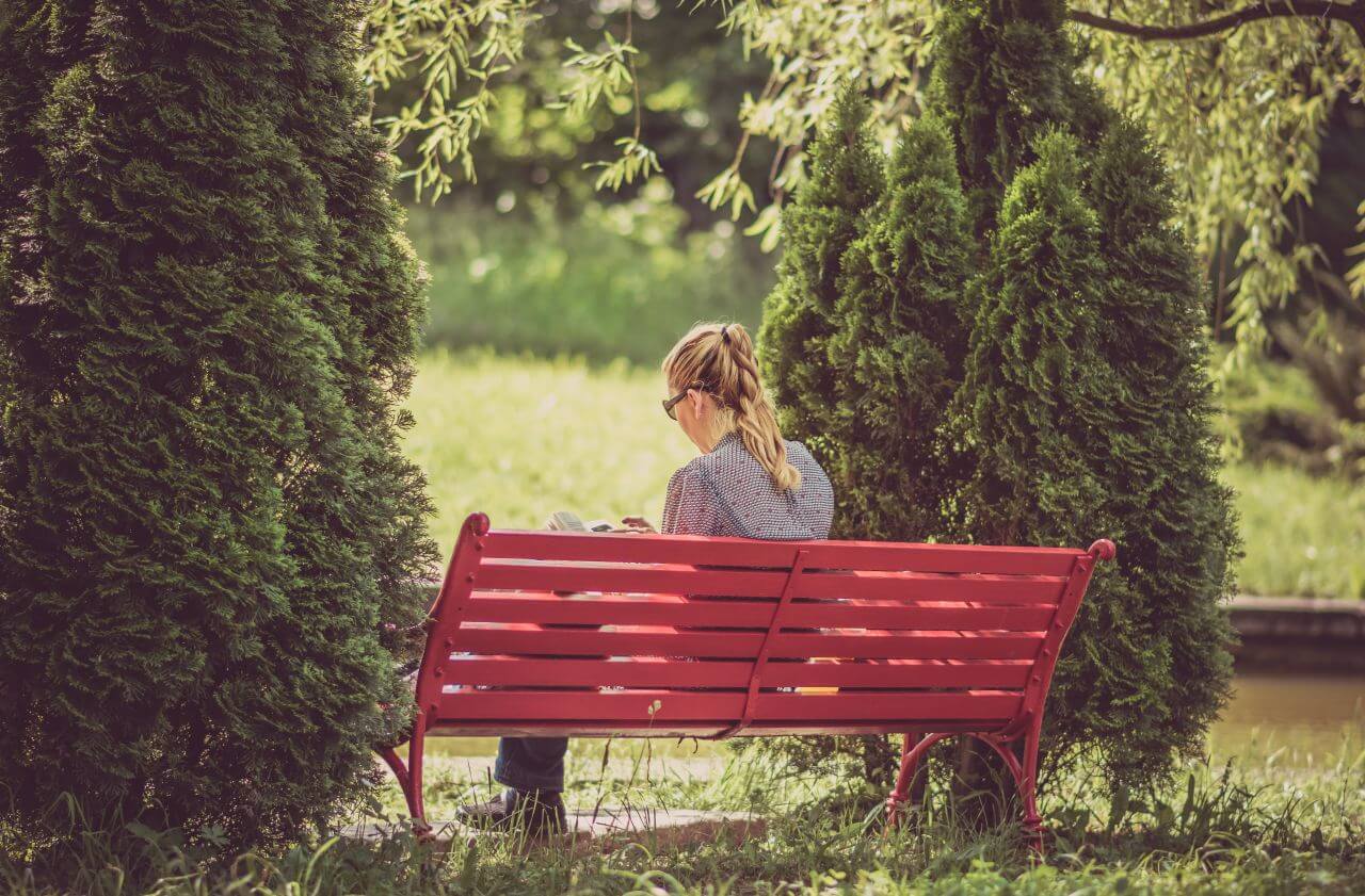 Woman Reading Red Park Bench Stock Free