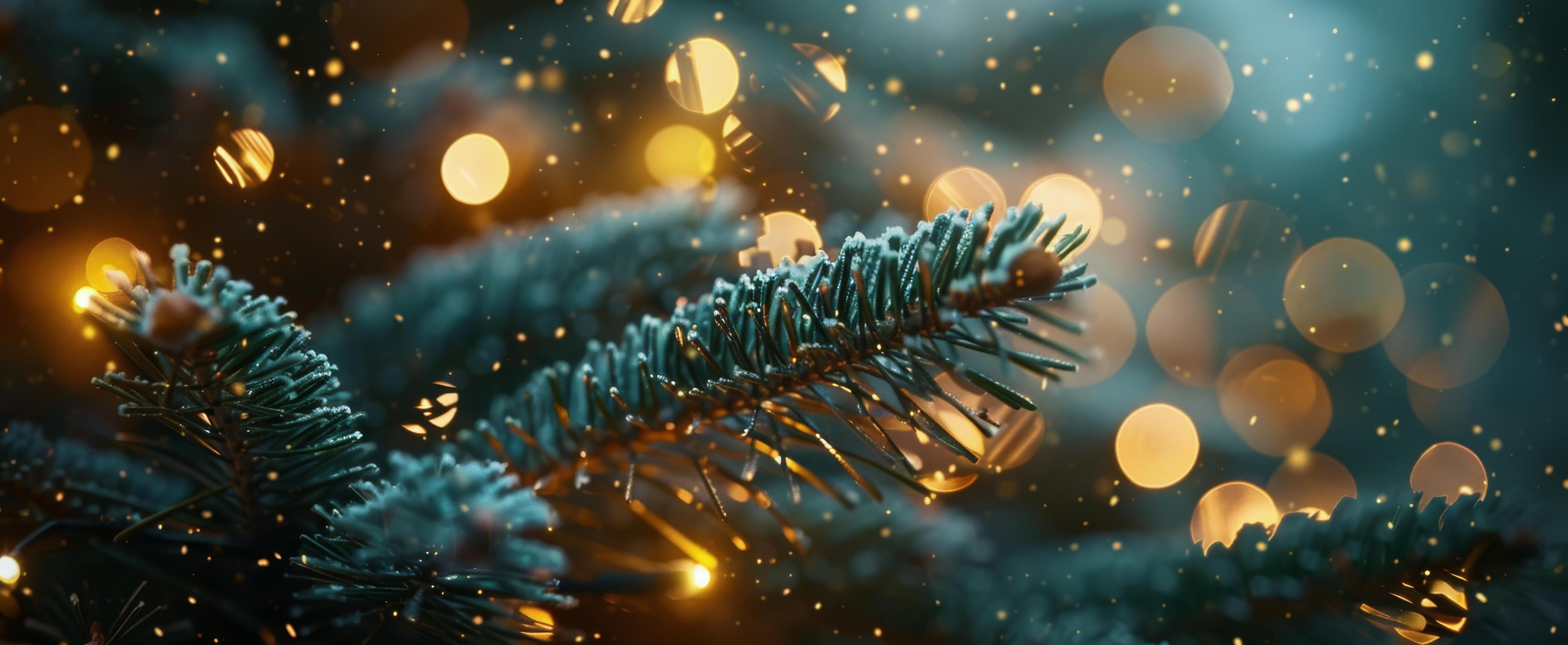 A Close-Up View of a Pine Branch Covered in Snow With Bokeh Lights in the Background Stock Free