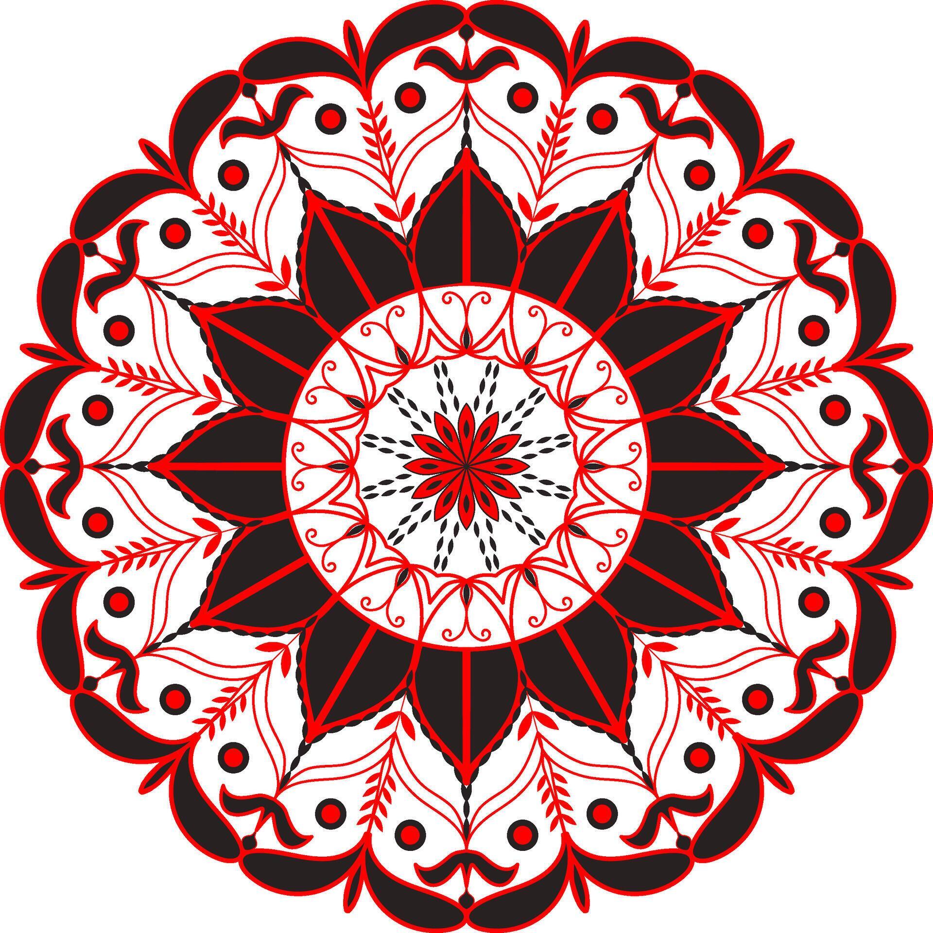 A red and black circular mandala design with a flower Stock Free