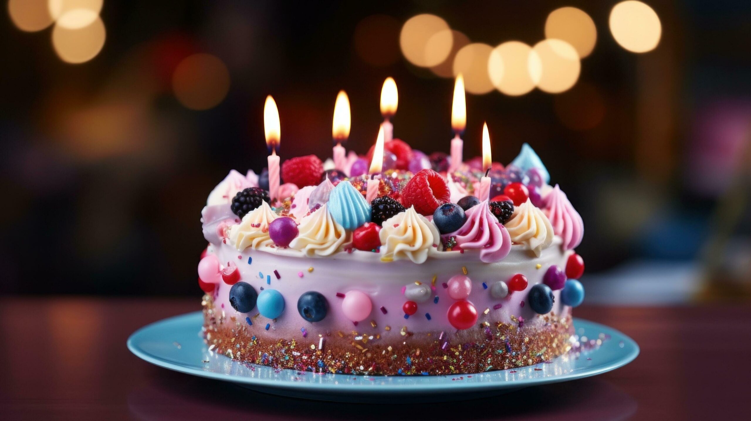 decadent birthday cake adorned with colorful icing and toppings, a culinary masterpiece with copy space. Free Photo