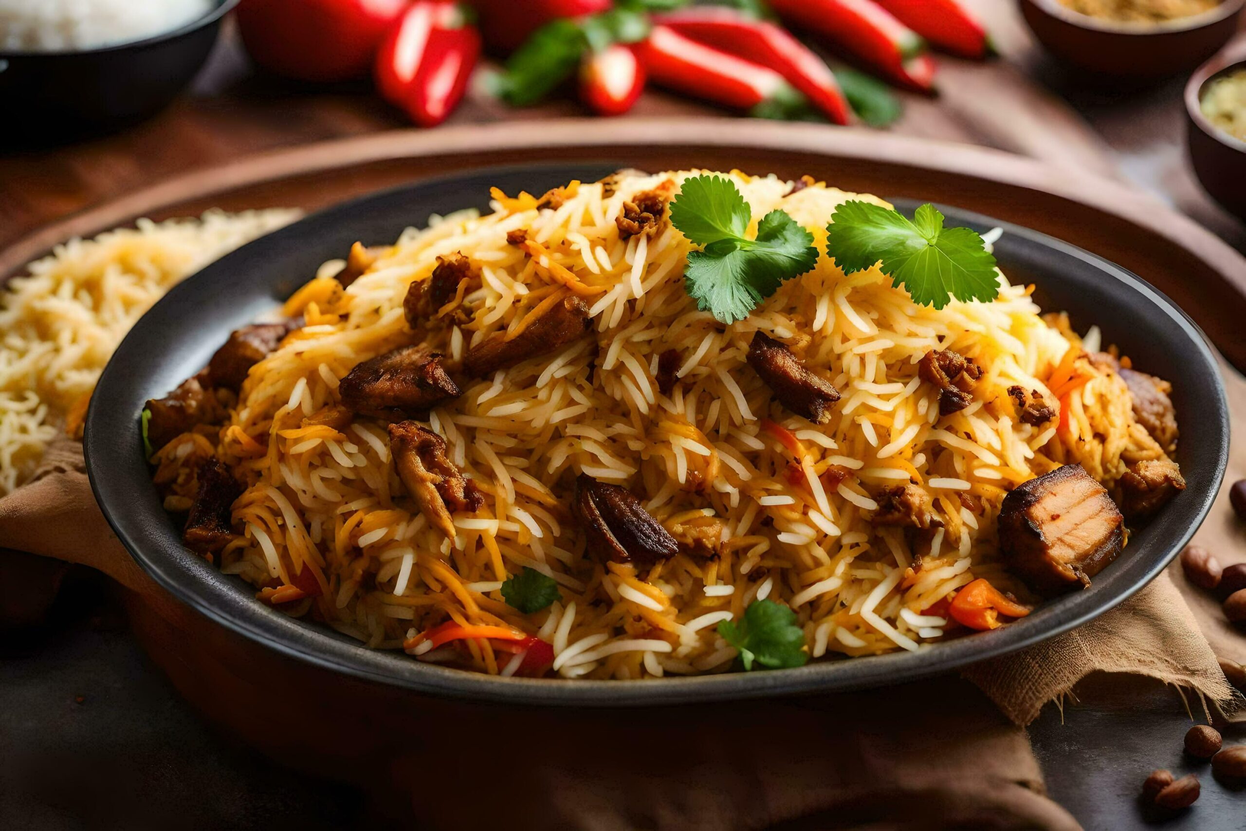 indian biryani with meat and vegetables Free Photo