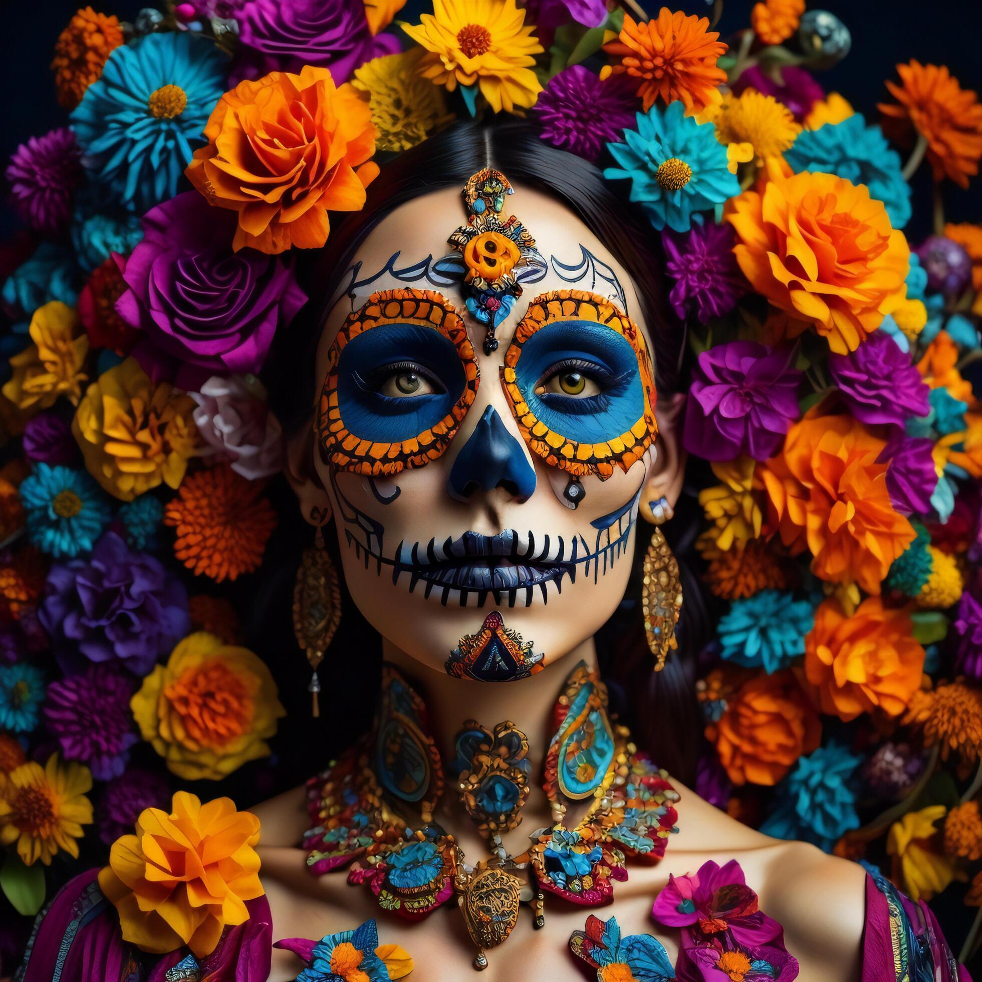 Day of the Dead sugar skull woman with colorful flowers background, close up. Stock Free