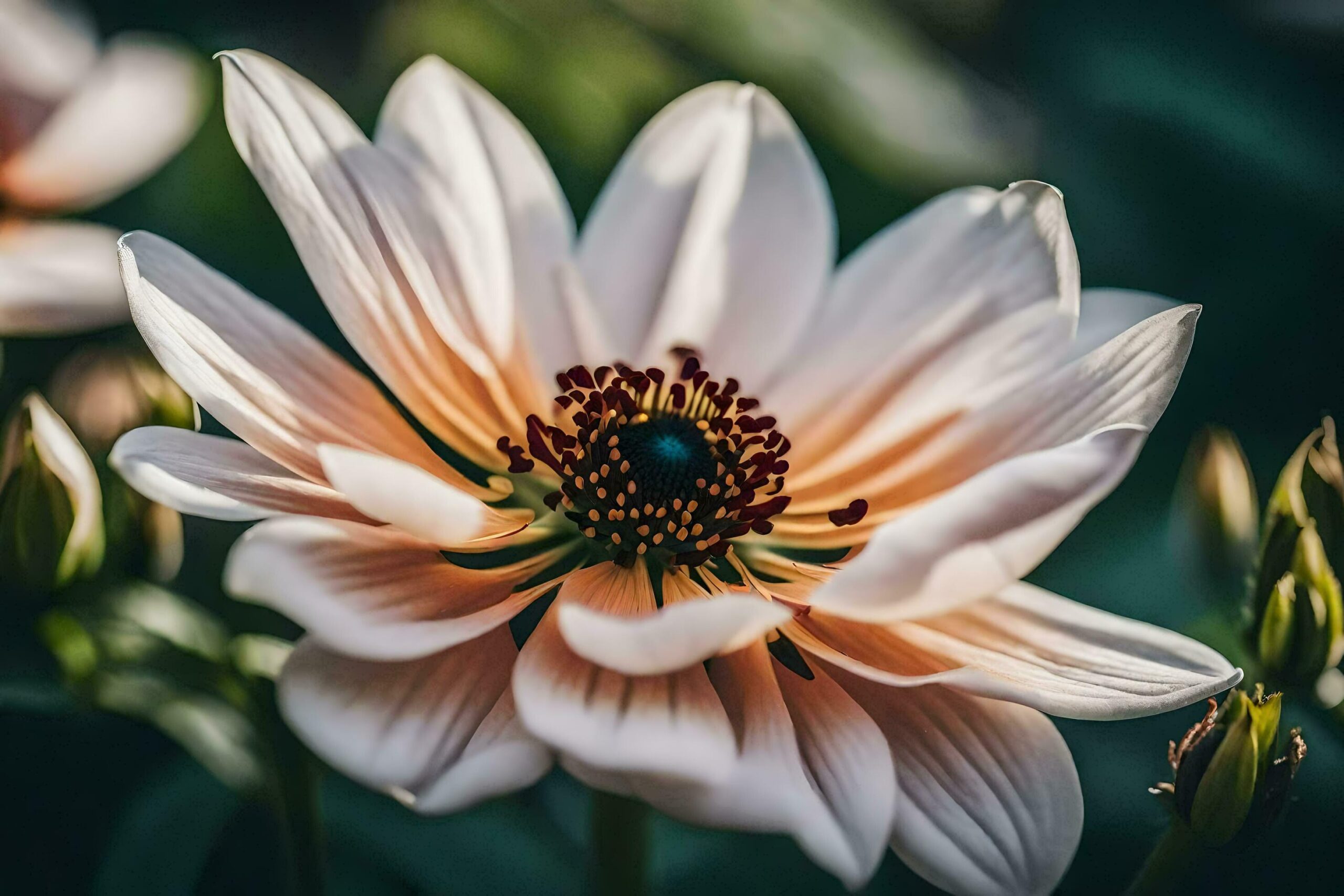 a close up of a white flower with a bee Free Photo