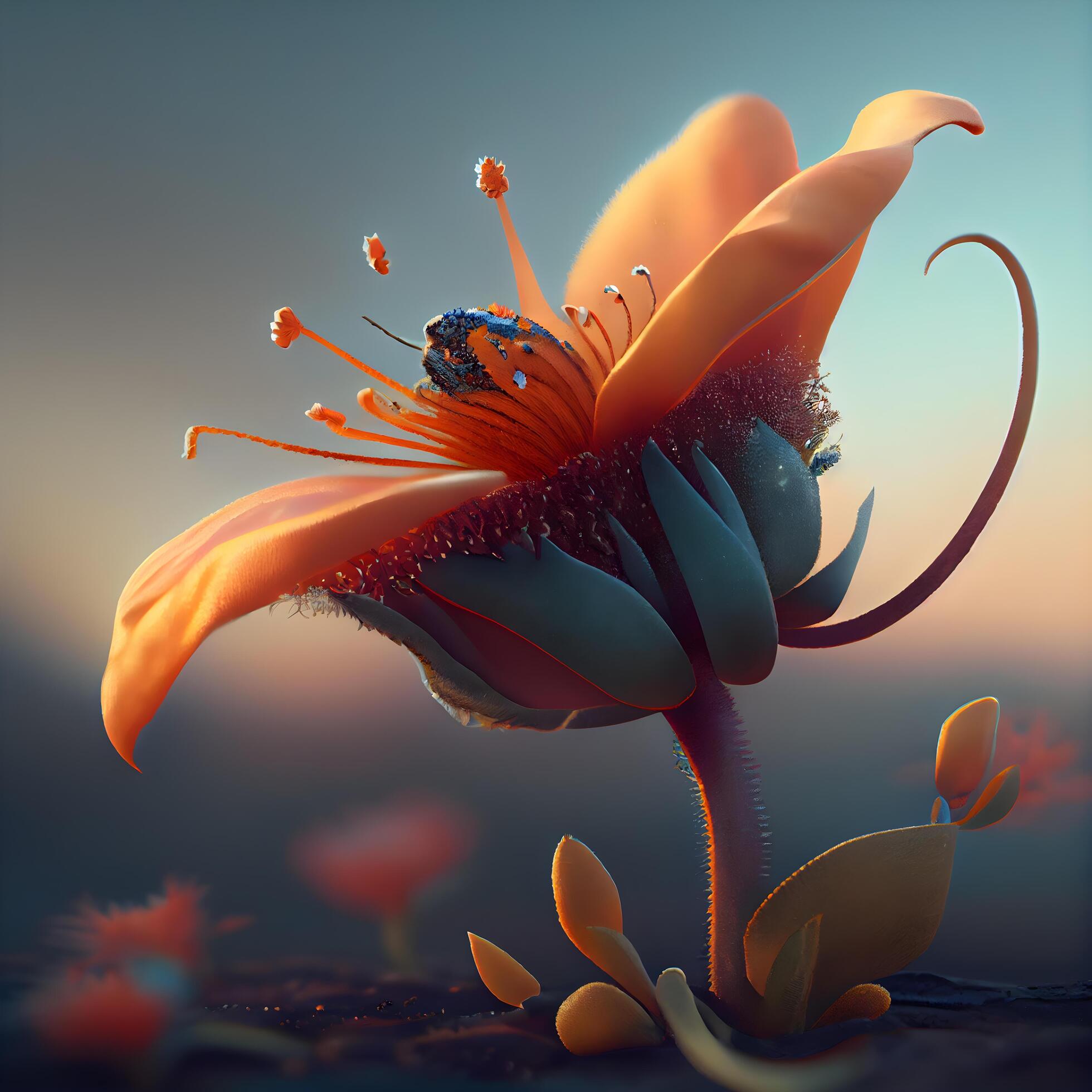 3d illustration of an orange flower on a sunset background. 3d rendering, Image Stock Free