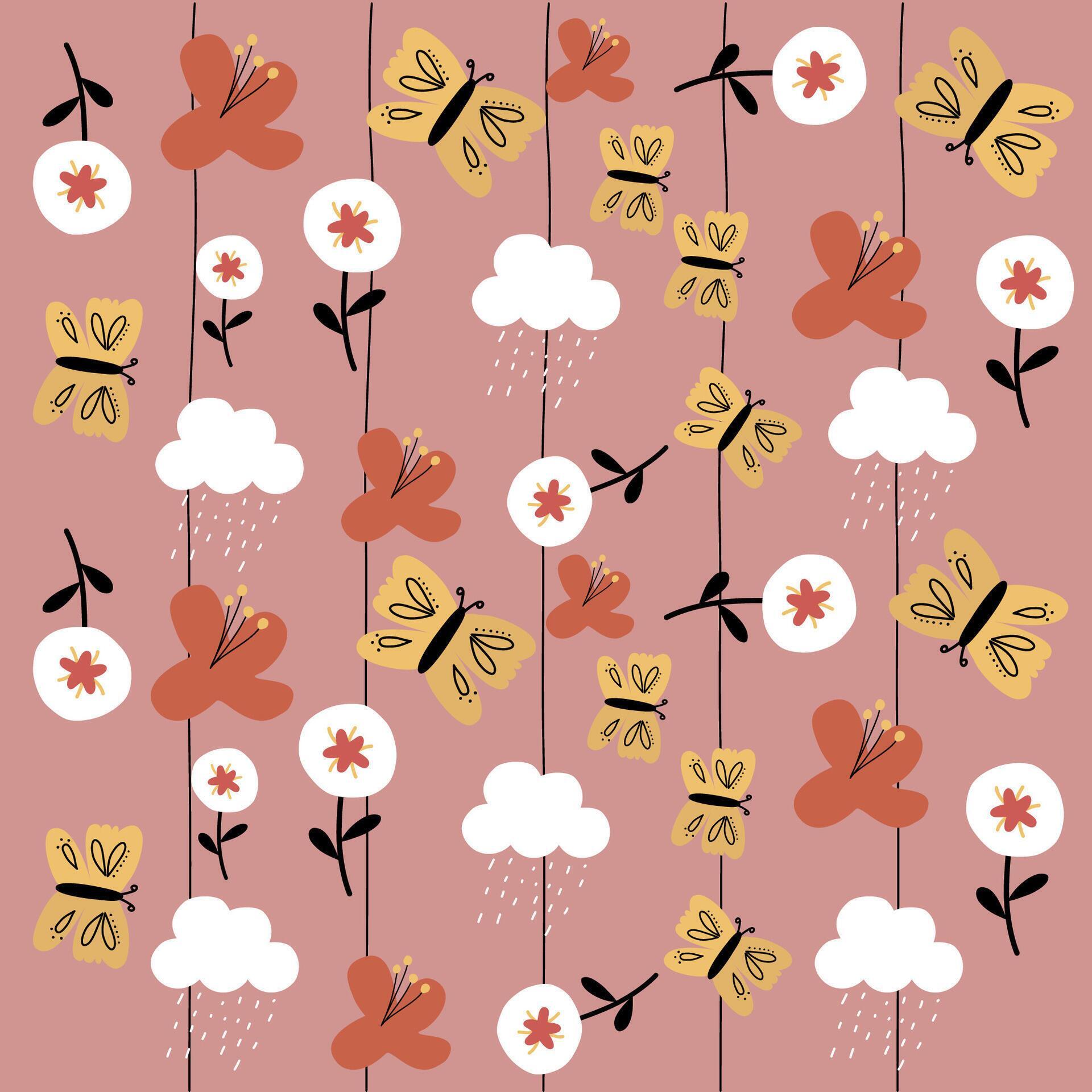 Hand drawn childish abstract flowers and butterfly pattern for fabric, textile, wallpaper Stock Free