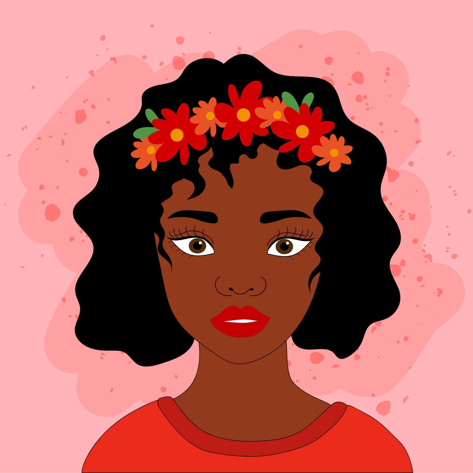 Black woman with flowers on her head. Vector illustration of a black girl with curly hair on an orange background. Poster, postcard with a woman. Stock Free