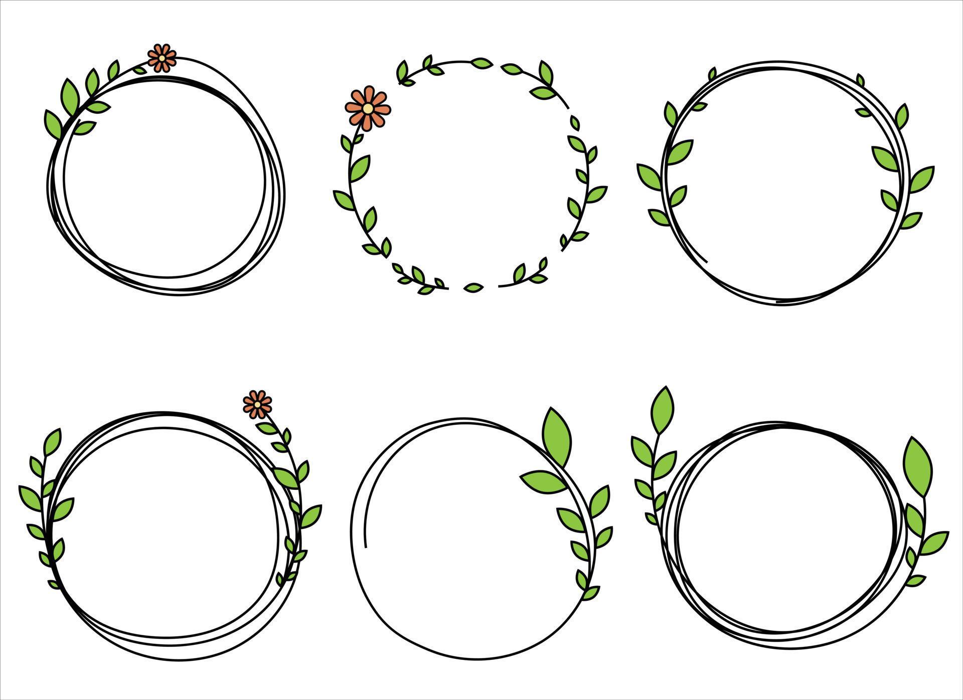 Hand drawn circle frame decoration element with leaves and flowers clip art Stock Free