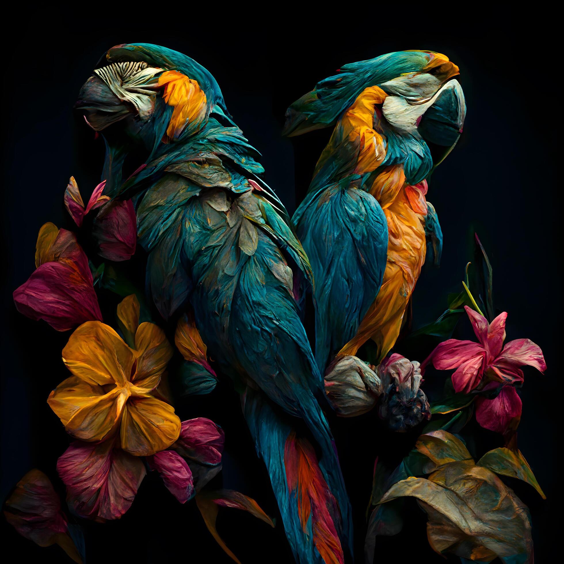 Colorful macaw parrots and flowers on a black background., Image Stock Free