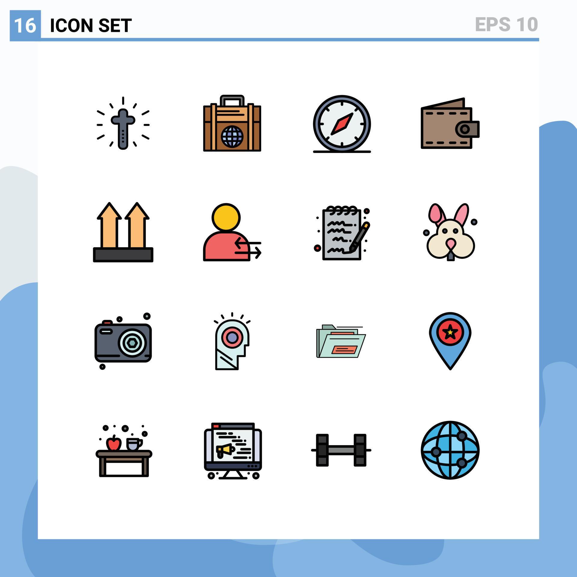 Mobile Interface Flat Color Filled Line Set of 16 Pictograms of arrows purse compass money navigation Editable Creative Vector Design Elements Stock Free