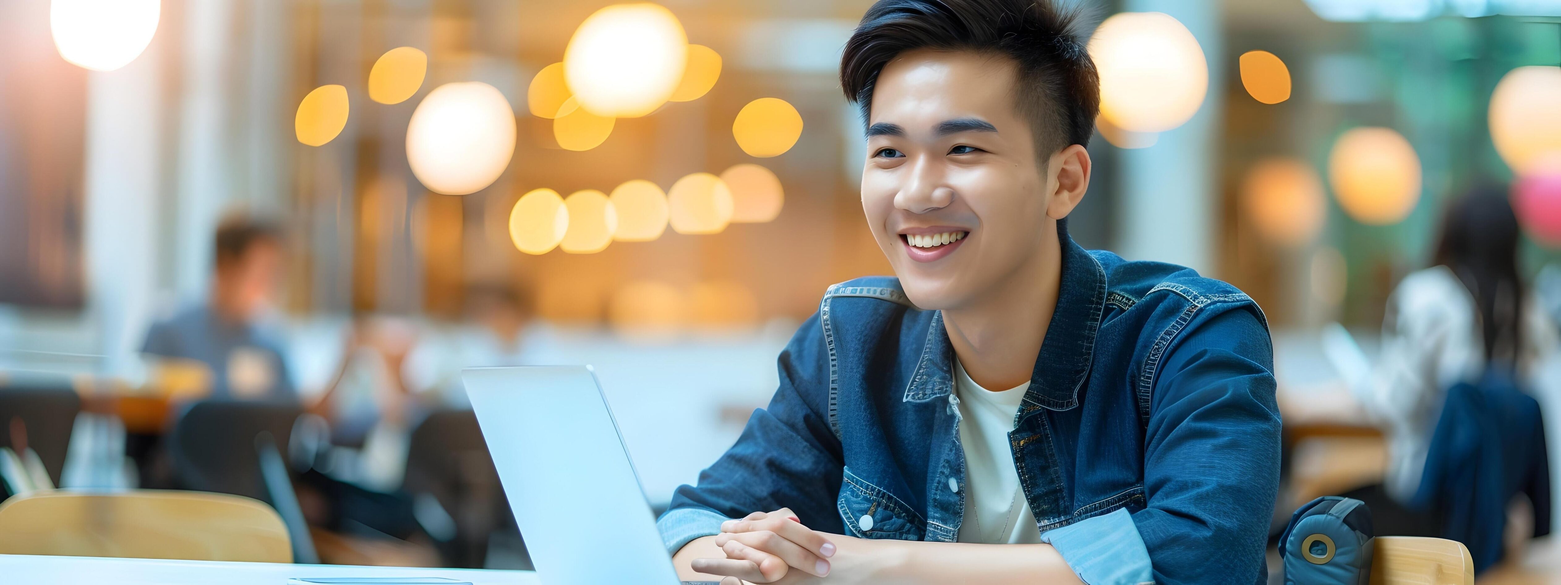 Young Asian Entrepreneur Smiling and Working on Laptop in Cozy Cafe Setting Stock Free