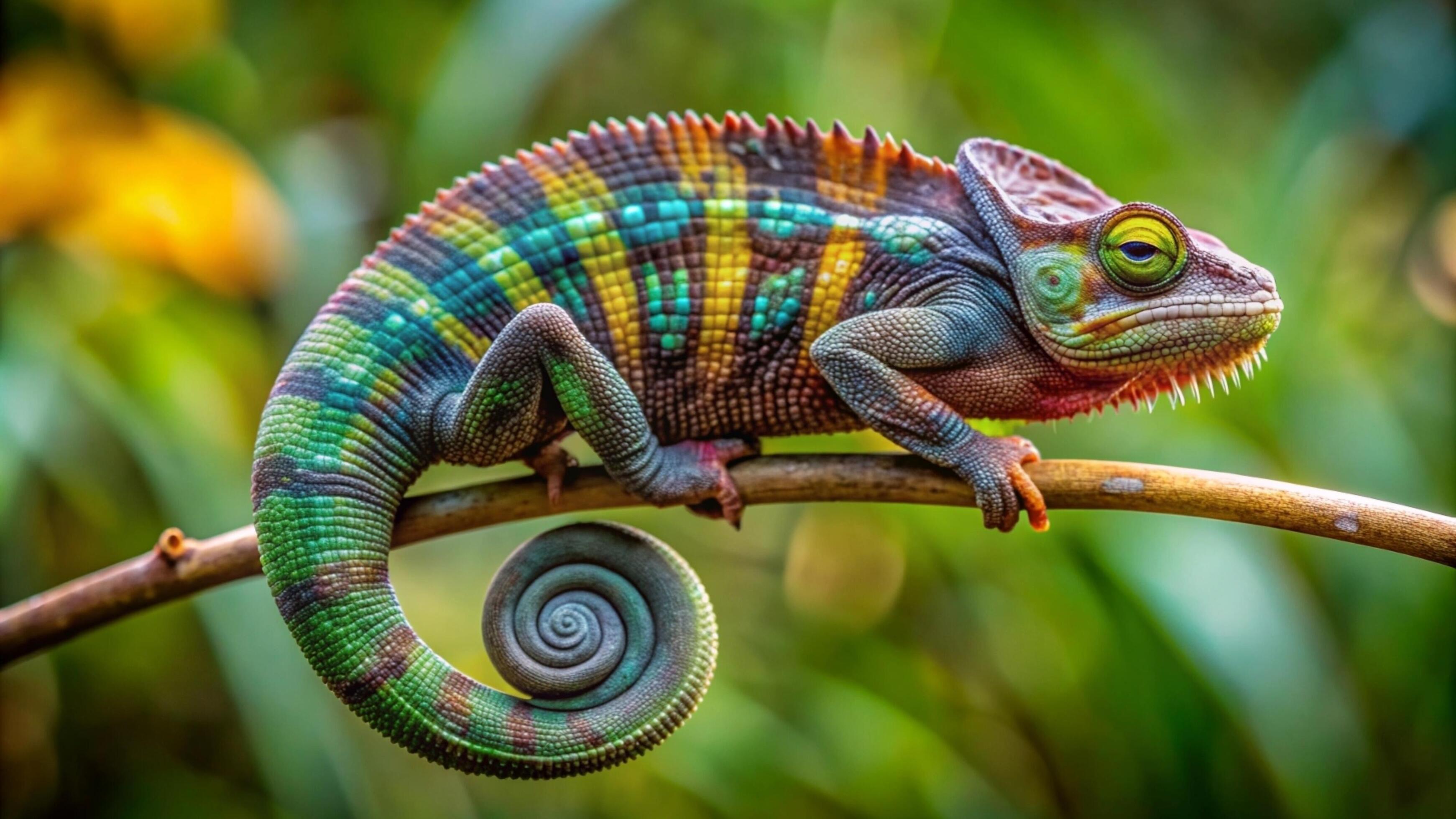 A vibrant chameleon camouflaging against a lush green forest background. Stock Free