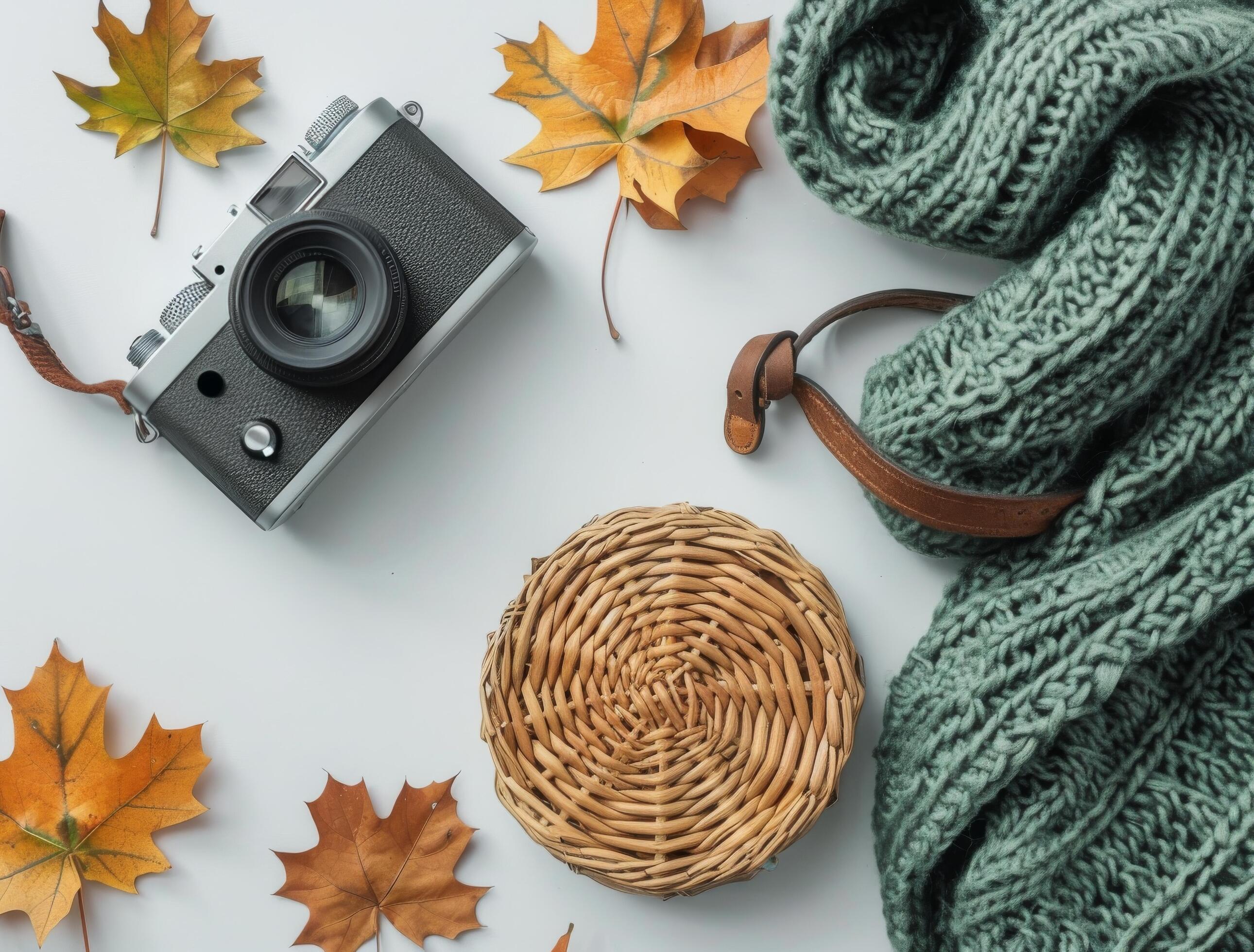 Autumnal Flat Lay With Camera, Knitted Scarf, and Wicker Baskets Stock Free