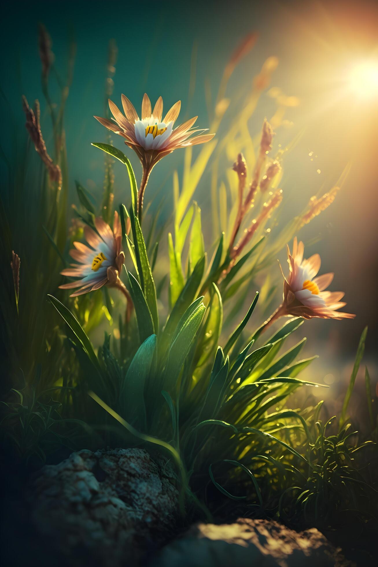 evening flowers and green grass created by technology Stock Free