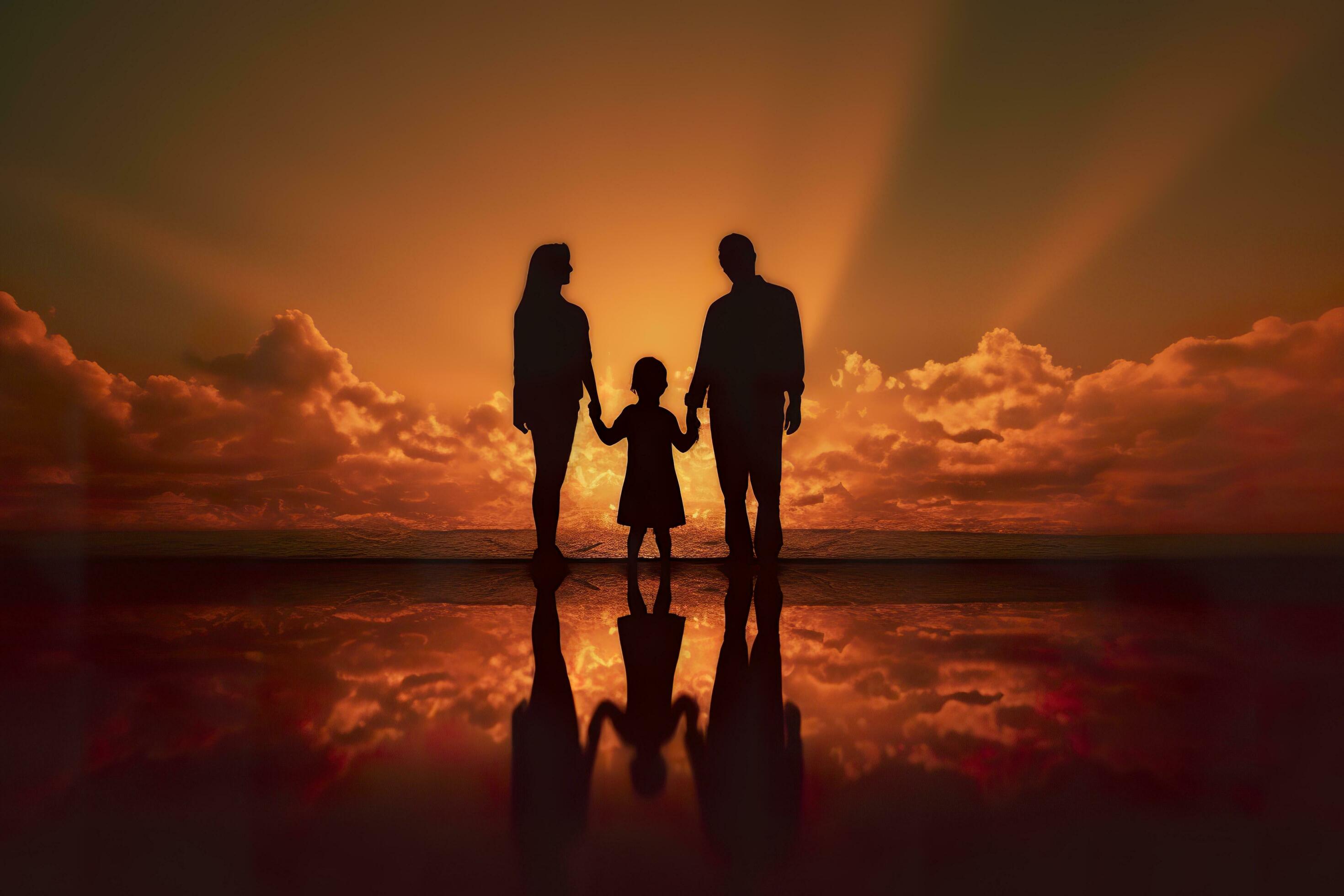 Shadow of Happy family together, parents with their little baby at sunset. A Silhouette of Love and Unity. AI Generative Stock Free