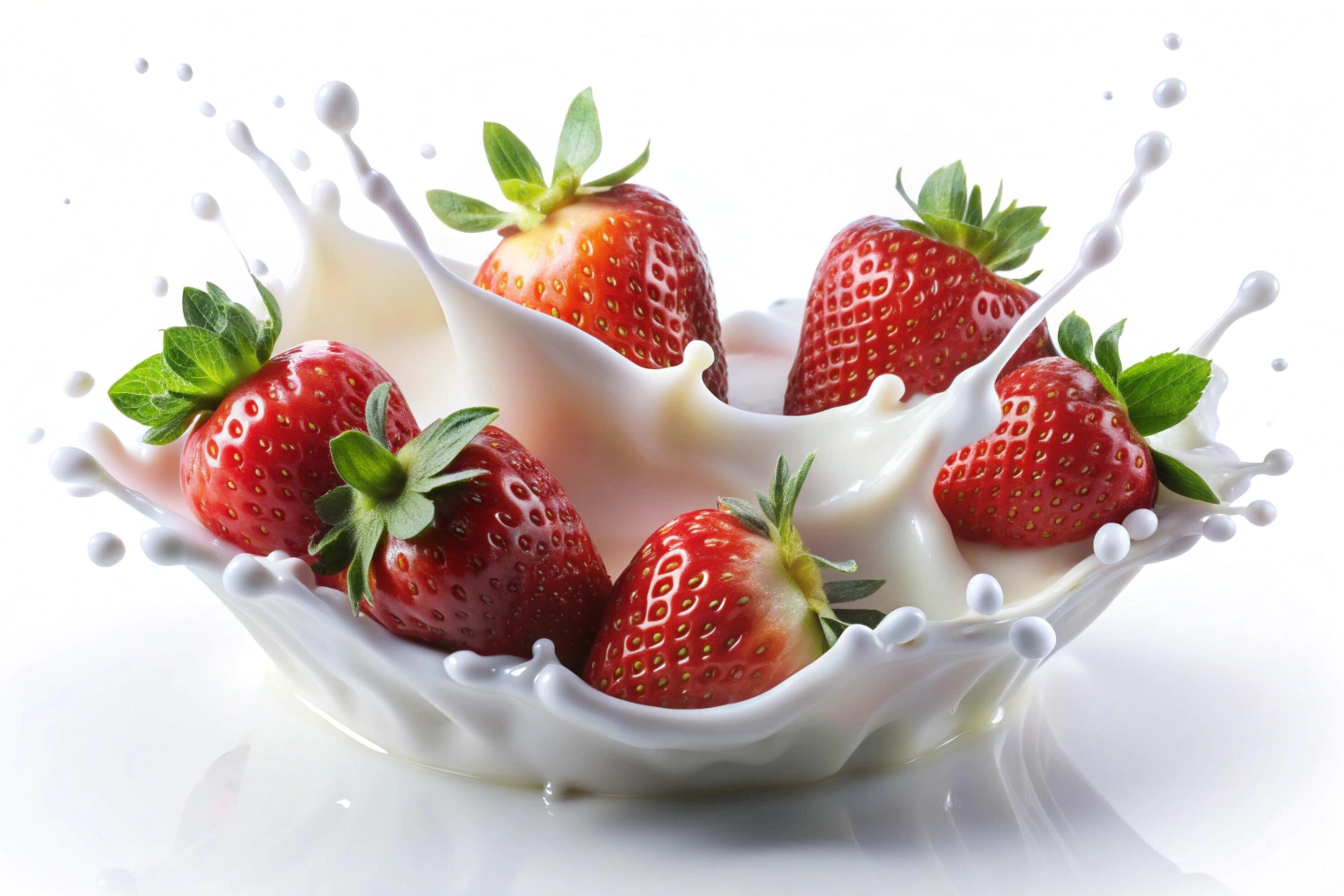 Milk splashes with strawberry on white background Stock Free