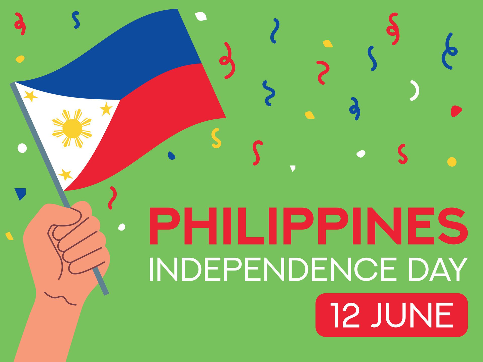 Philippines independence day 12 June. Philippines flag in hand. Greeting card, poster, banner template Free Vector