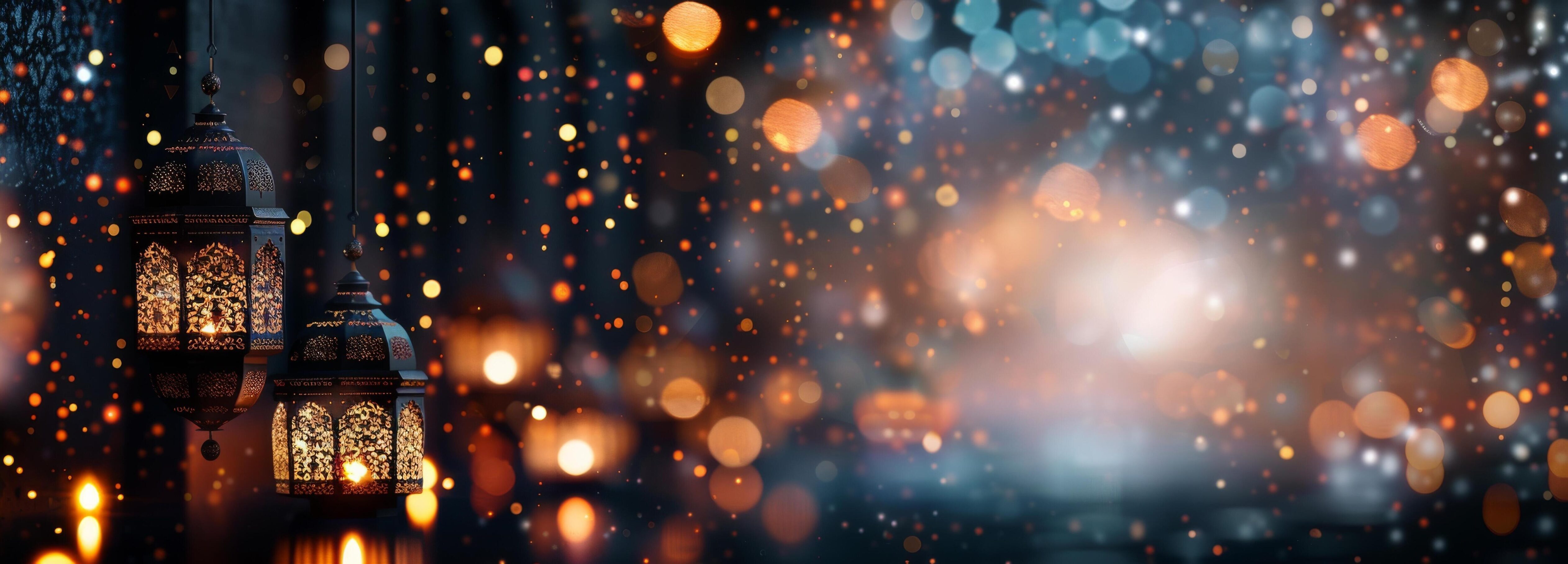 Decorative Lanterns Illuminating a Sparkling Background During a Festive Evening Stock Free