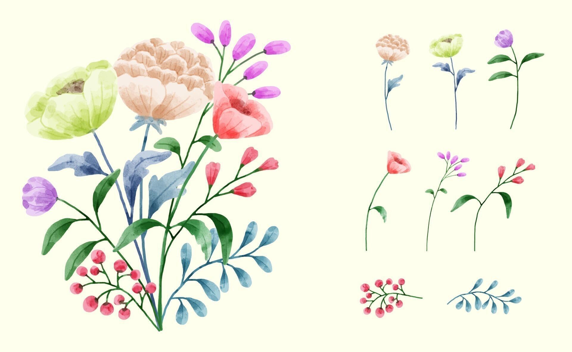 A set of flowers painted in watercolor for designer work create Stock Free