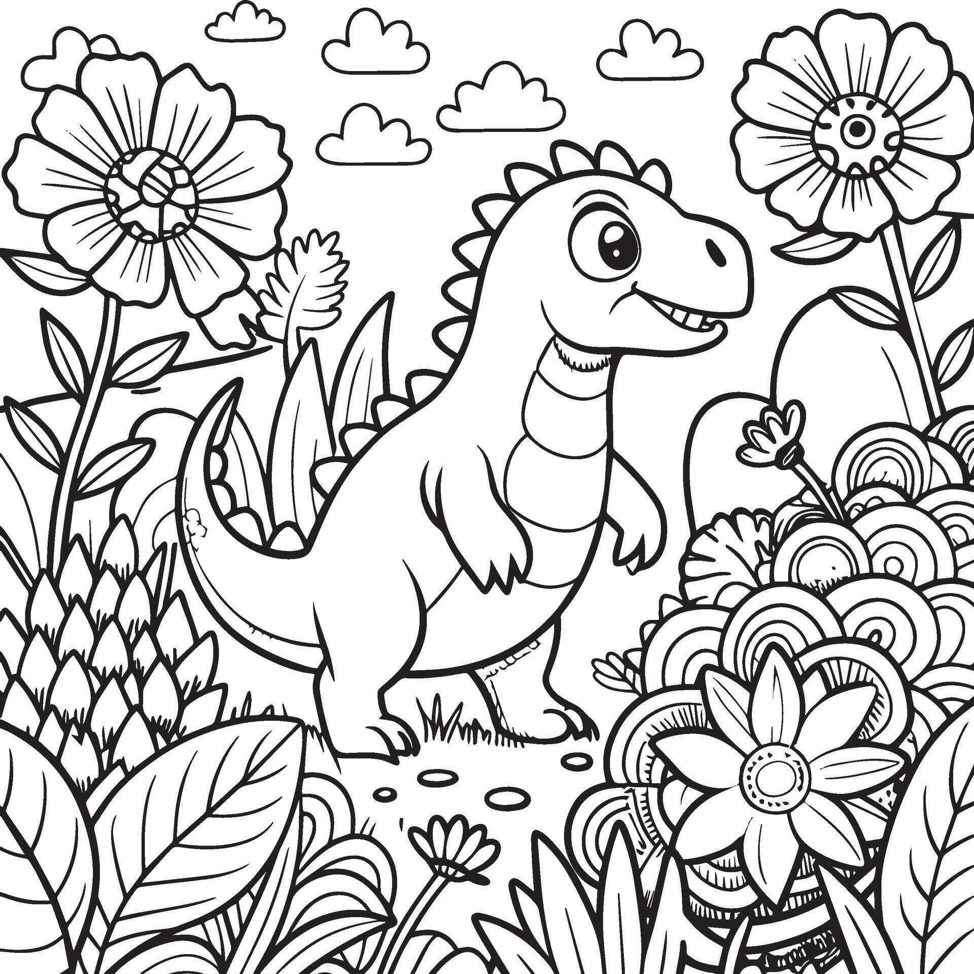 Coloring book for children dinosaur and flowers. Black and white vector illustration. Stock Free